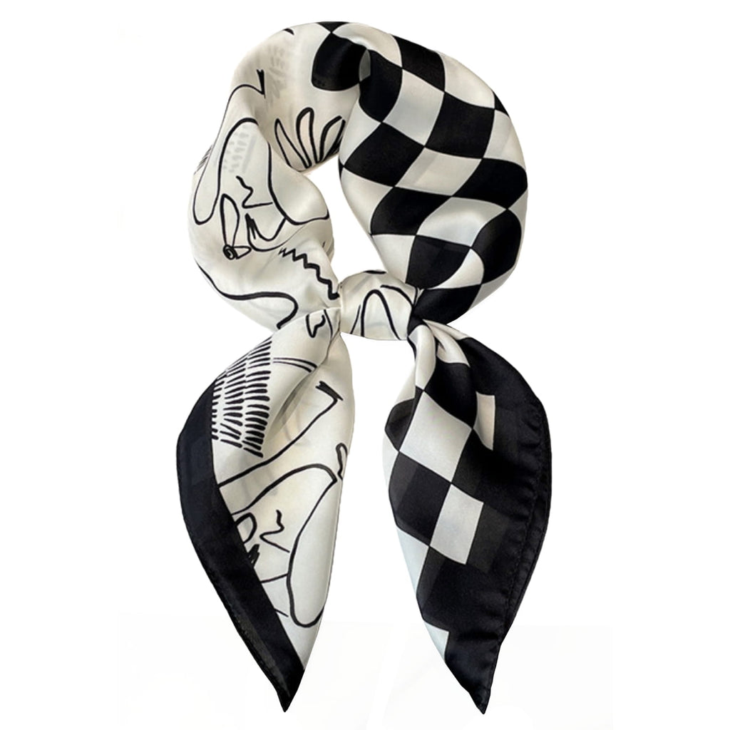 Apaszka 70x70 cm w użyciu, stylizowana na minimalistycznej sukience, podkreślająca elegancję | KAMEA | Spironik.pl