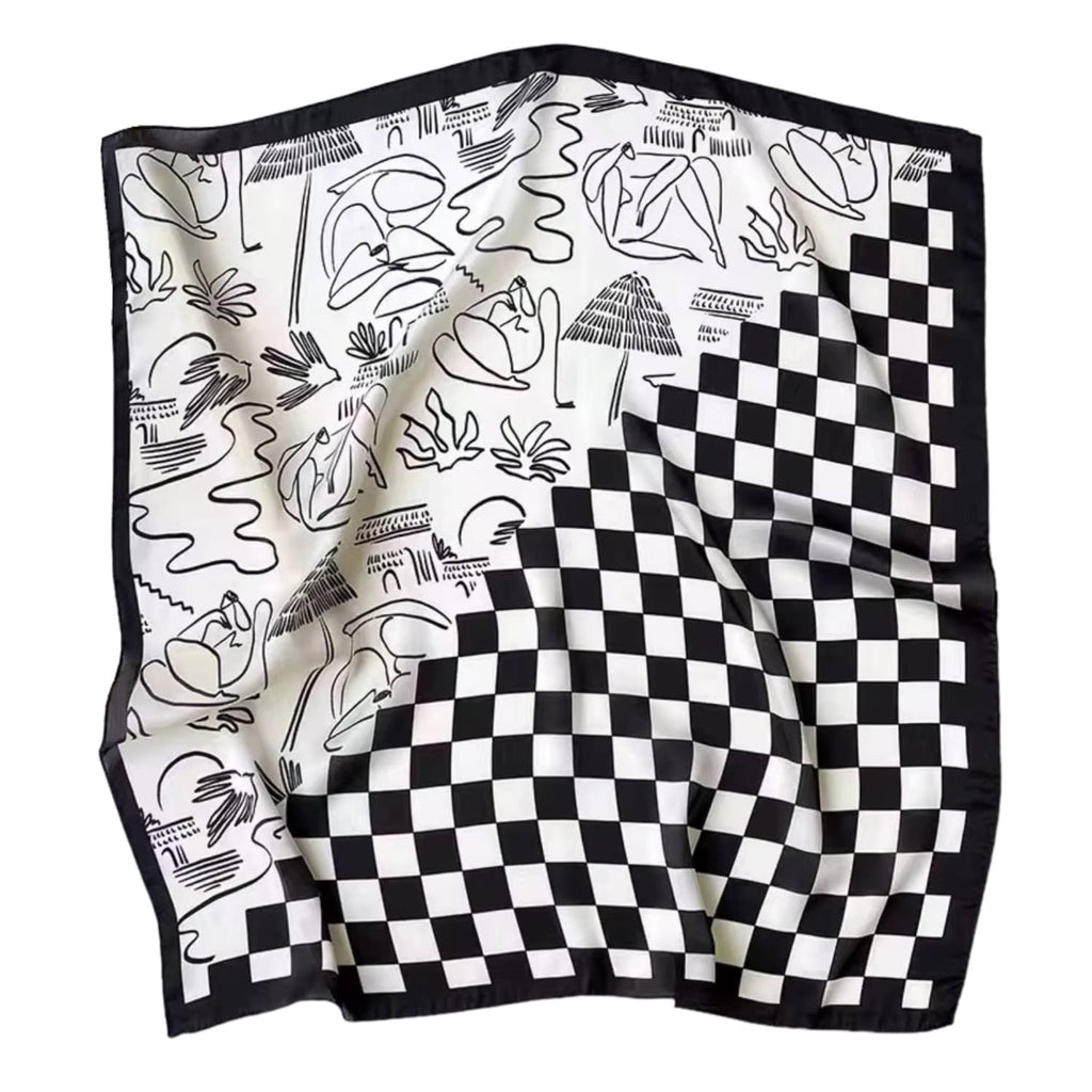 Zbliżenie na wzór szachownicy i line art na apaszce, prezentujące artystyczny charakter produktu | KAMEA | Spironik.pl