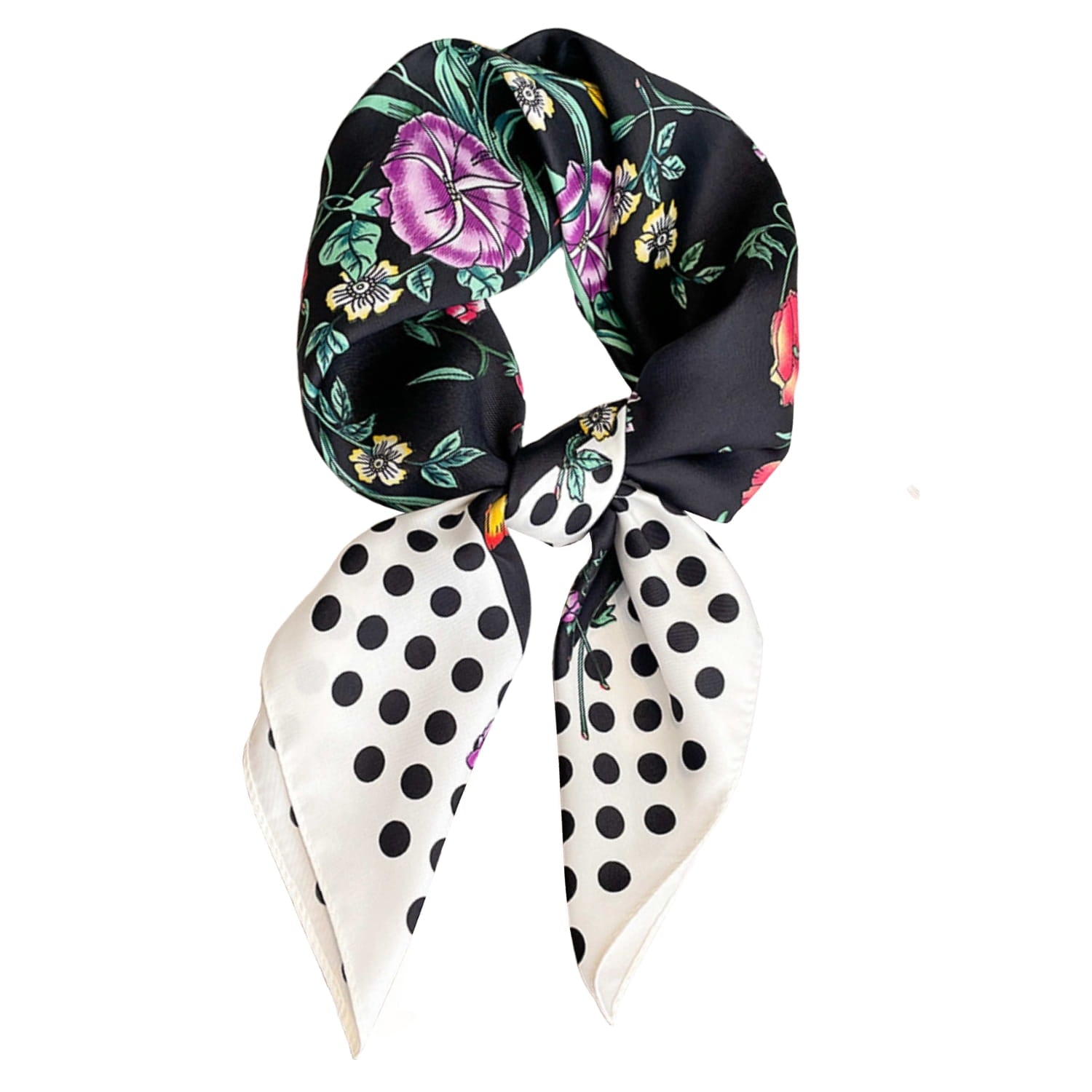 Pohled na černý květinový šátek z boku, ukazující kontrastní rám a barevné detaily | KAMEA | Spironik.pl