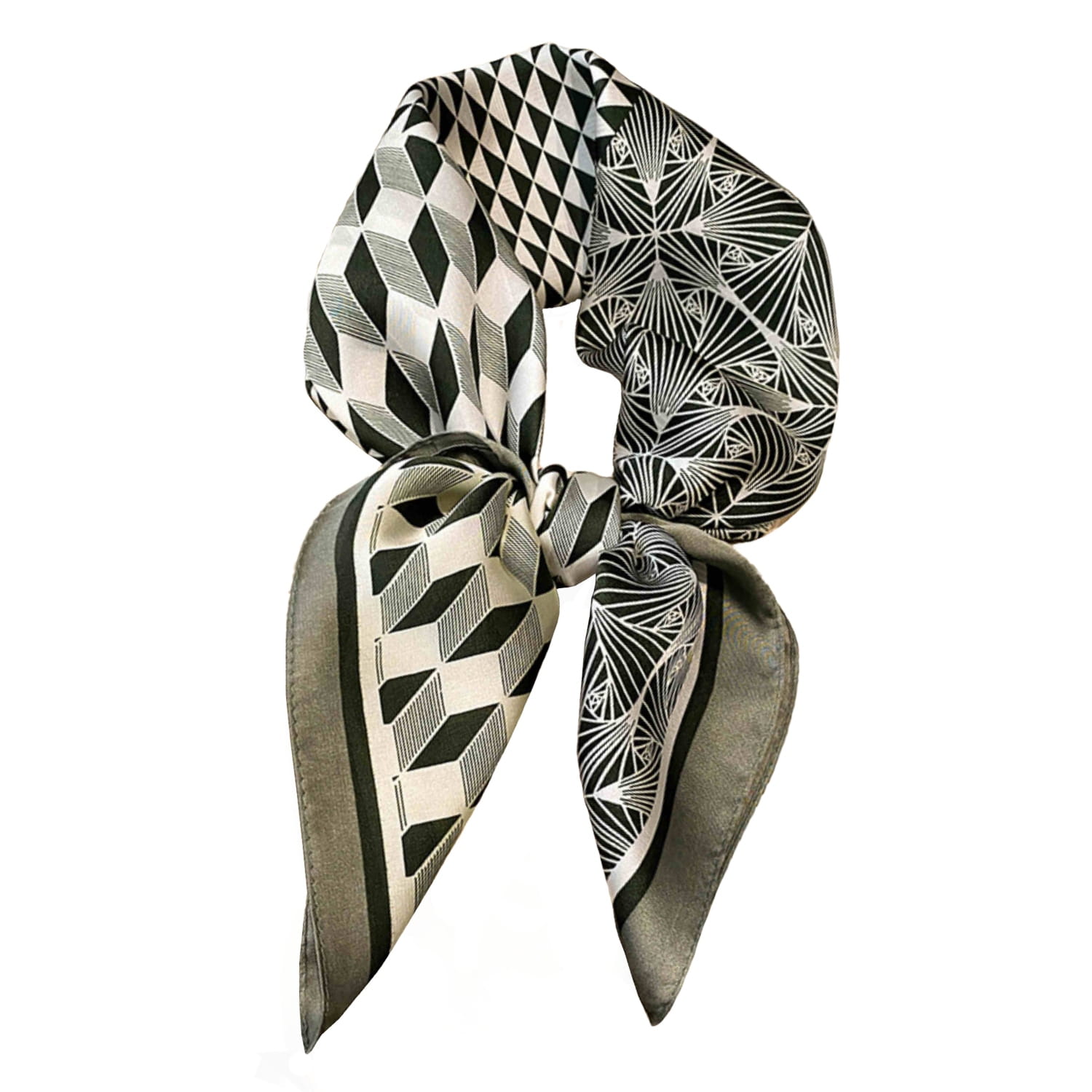 Bok apaszki z widocznymi kolorami oliwkowym, beżowym i czarnym, idealna do stylizacji na każdą porę roku | KAMEA | Spironik.pl