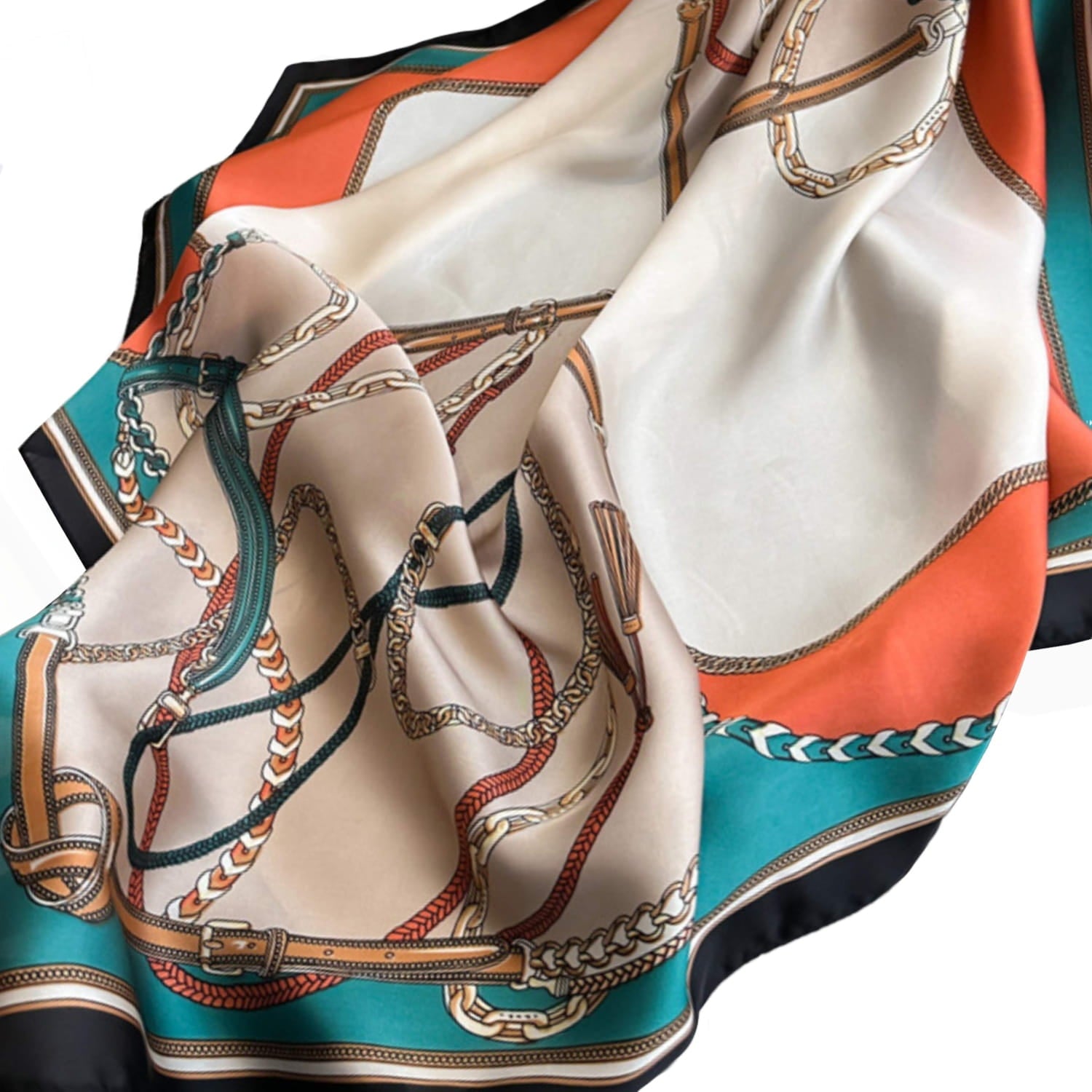 Apaszka satynowa w pełnej skali, ukazująca jej wymiary oraz kolorystykę beżowo-turkusową | KAMEA | Spironik.pl