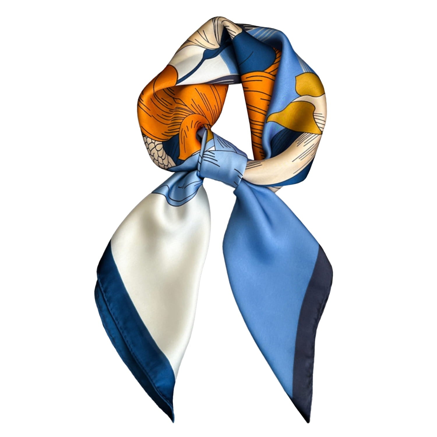 Apaszka satynowa 70x70 cm z bliska, eksponująca kolorystykę: niebieski, granatowy, kremowy i pomarańczowy | KAMEA | Spironik.pl