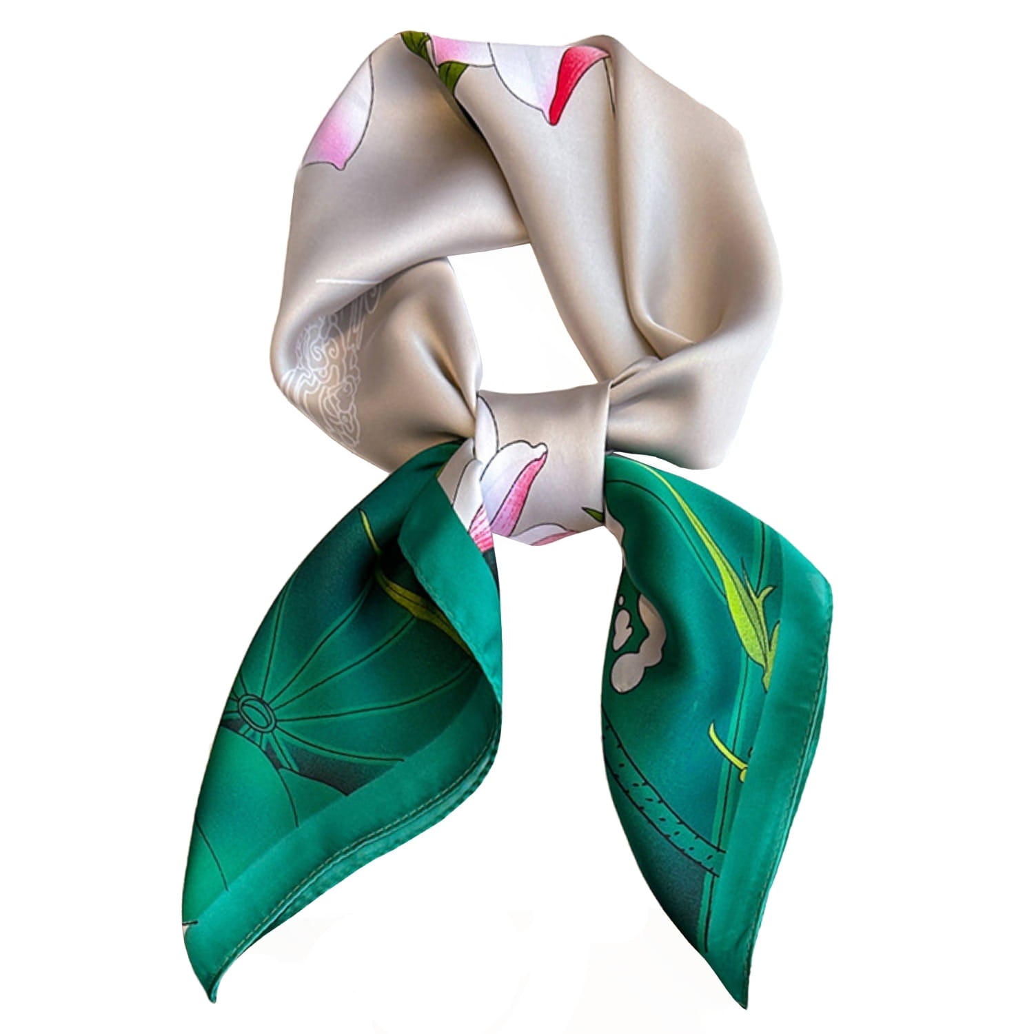 Zbliżenie na kwiaty lotosu w odcieniach czerwieni i różu na apaszce satynowej | KAMEA | Spironik.pl