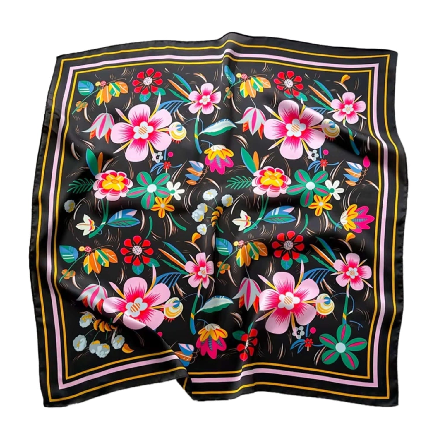 Apaszka satynowa w użyciu jako opaska we włosach, prezentująca dynamiczny wzór kwiatowy na ciemnym tle | KAMEA | Spironik.pl