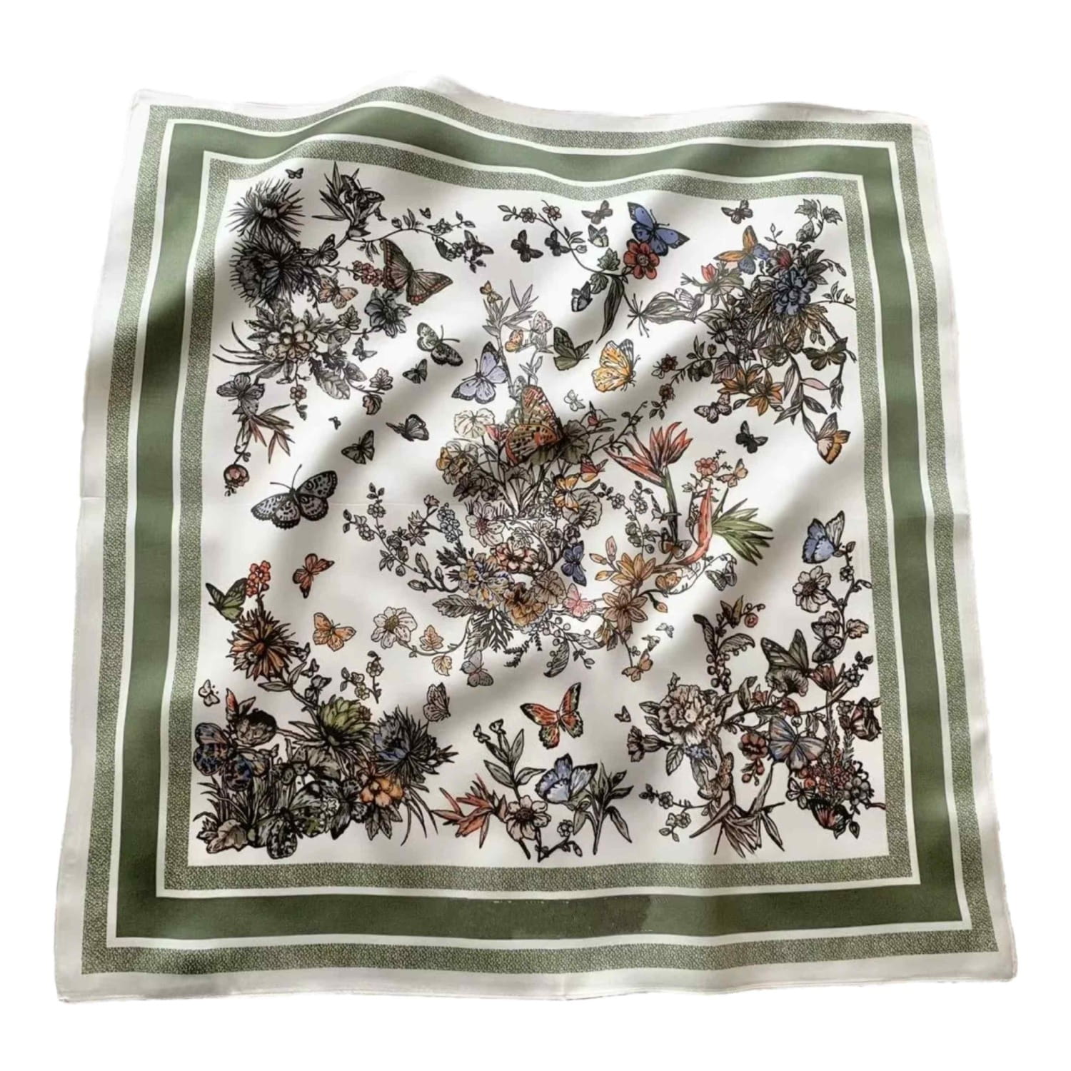 Apaszka z roślinnym wzorem w skali, ukazująca jej wymiary 70x70 cm i elegancki design | KAMEA | Spironik.pl