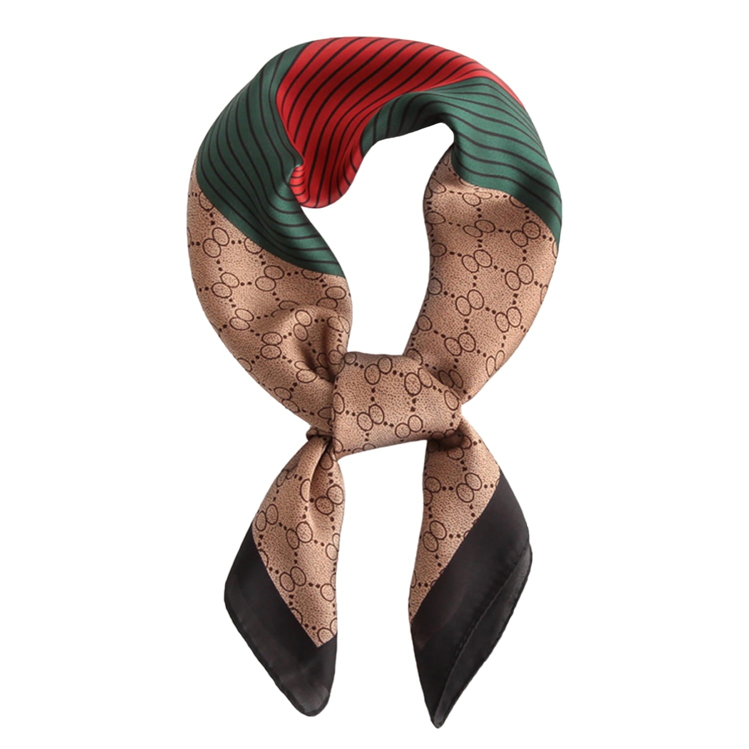 Wzór drobnej geometrii na satynowej apaszce w kolorze beżowym z zielono-czerwonym akcentem | KAMEA | Spironik.pl