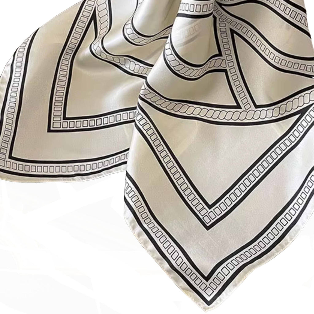Apaszka damska geometryczny wzór, 100% jedwabiu, 70 × 70 cm, kolor ekru