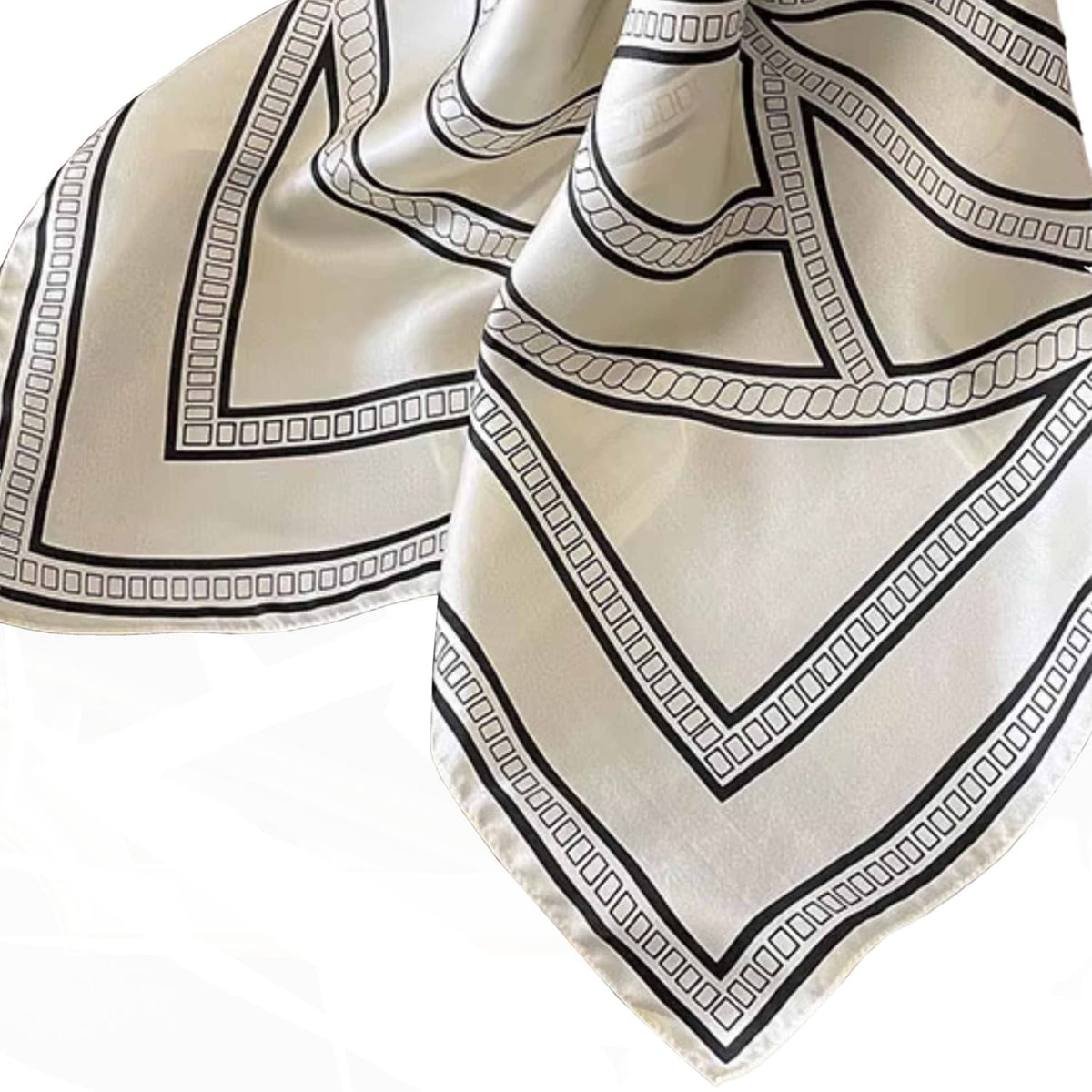 Apaszka damska geometryczny wzór, 100% jedwabiu, 70 × 70 cm, kolor ekru