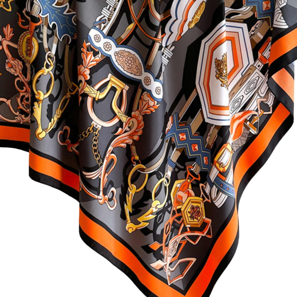 Apaszka na płasko, prezentująca wymiary 90x90 cm i intensywne kolory materiału | KAMEA | Spironik.pl