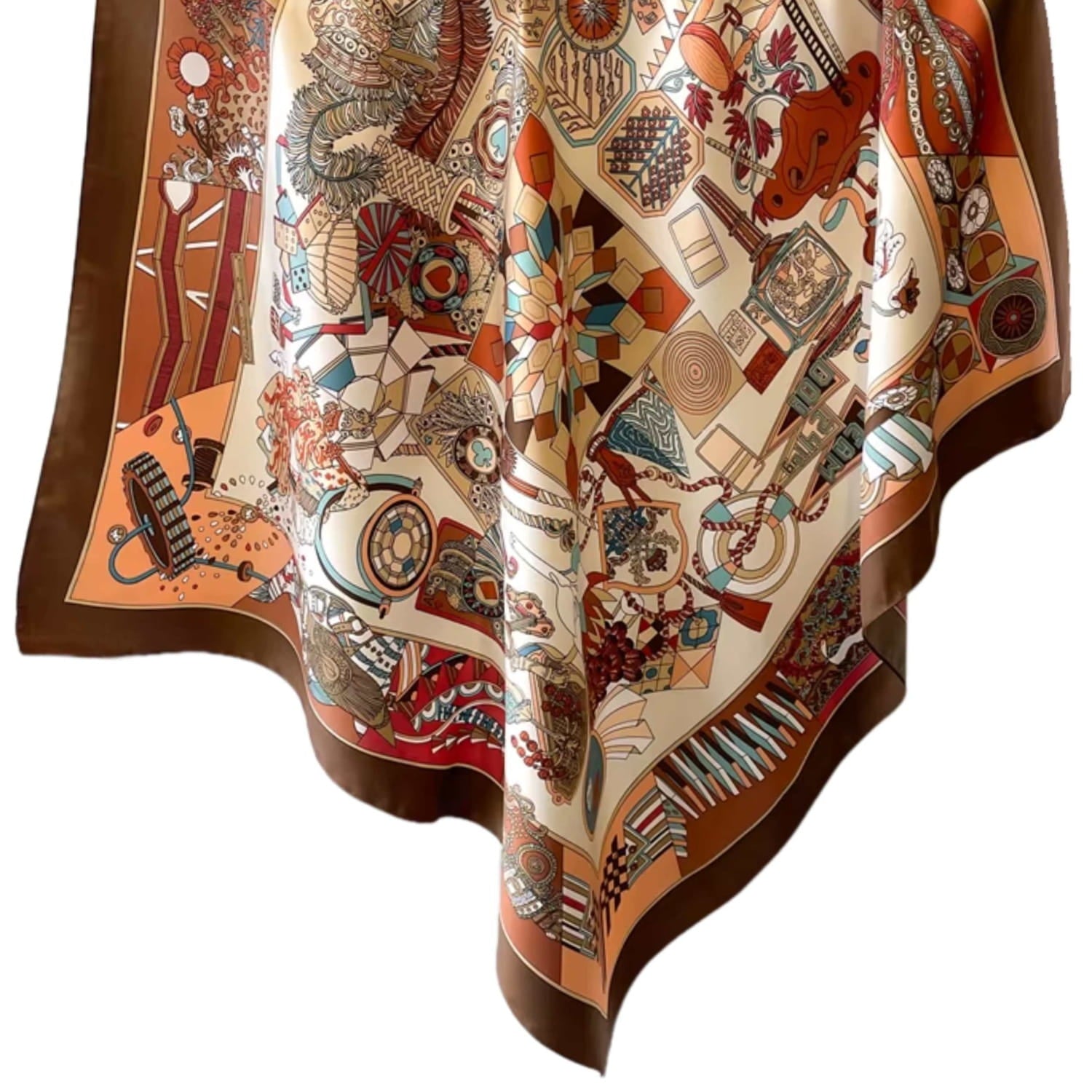 Apaszka, Model: F249-2//T36//15, Kolor: jasny brązowy, Skład materiału: 100% Poliester, Przeznaczenie: Wielosezonowe, Wymiary(długość/szerokość): 90cm/90cm (Apaszka, zdjęcie 3)