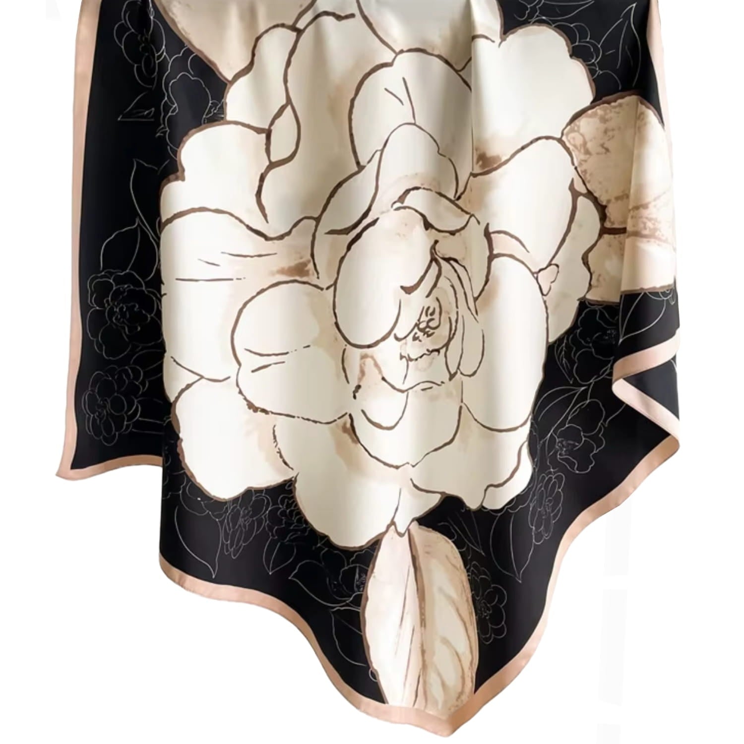 Zbliżenie na centralny motyw apaszki - artystyczną różę na tle głębokiej czerni, podkreślającą jej wyjątkowość | KAMEA | Spironik.pl