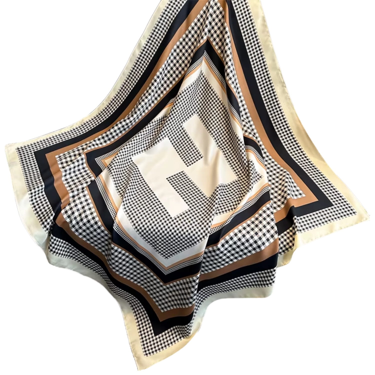 Apaszka z geometrycznym wzorem, złożona na stole, prezentująca swoje wymiary i kolorystykę | KAMEA | Spironik.pl