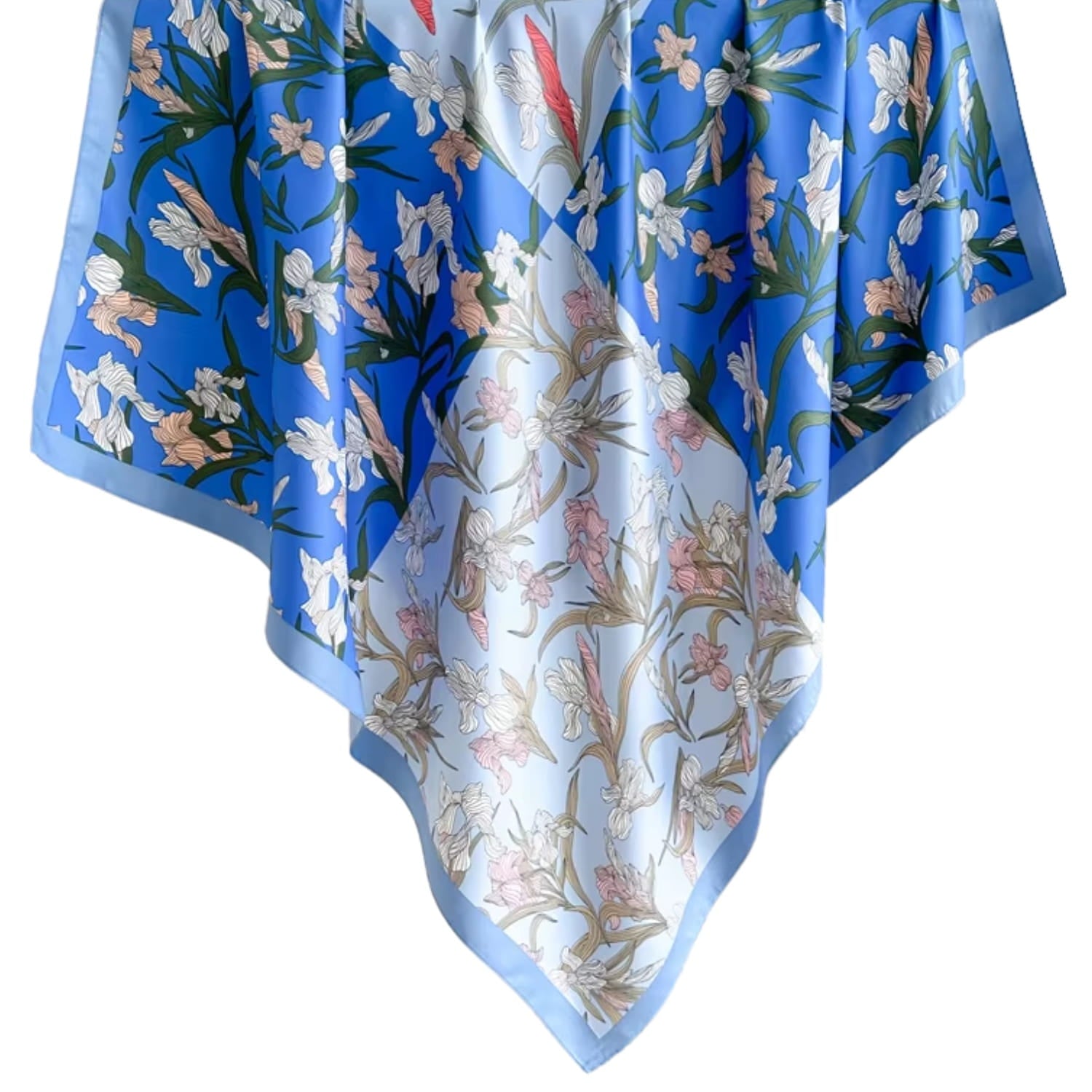 Boczny widok apaszki „Błękitny Irys” ukazujący jej delikatną fakturę i elegancki styl | KAMEA | Spironik.pl