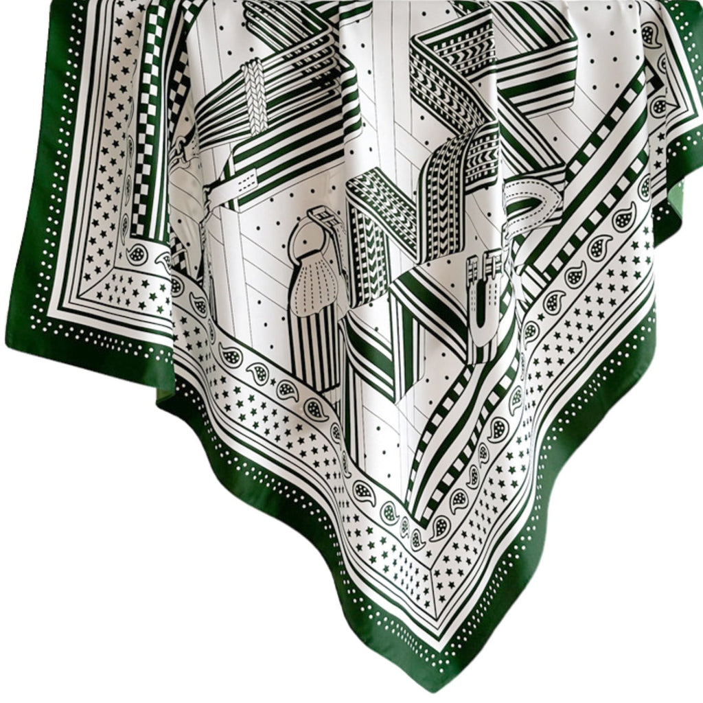 Bok apaszki „Zielone Miasto”, ukazujący delikatny połysk materiału i geometryczny motyw w miejskim klimacie | KAMEA | Spironik.pl