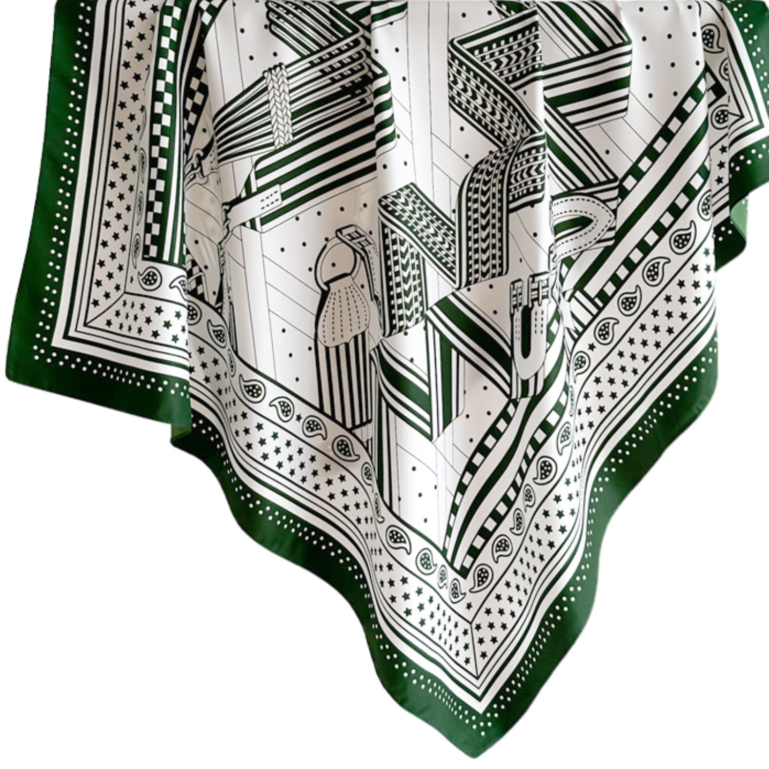 Bok apaszki „Zielone Miasto”, ukazujący delikatny połysk materiału i geometryczny motyw w miejskim klimacie | KAMEA | Spironik.pl