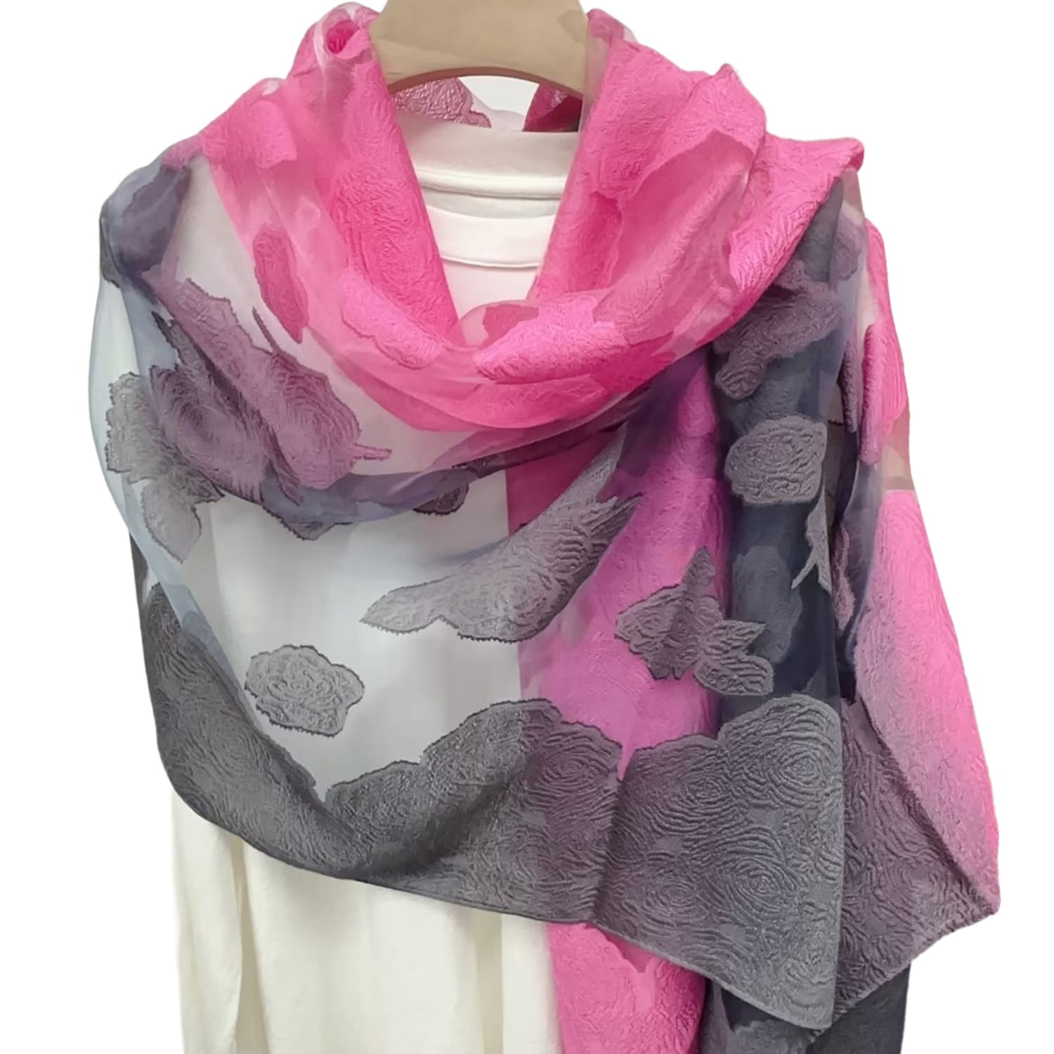 Szalik Damski, Model: RS051-33//T22//1, Kolor: różowy, Skład materiału: 60% Jedwab; 40% Poliester, Przeznaczenie: Wielosezonowe, Wymiary(długość/szerokość): 180cm/70cm (Szalik Damski, zdjęcie 2)