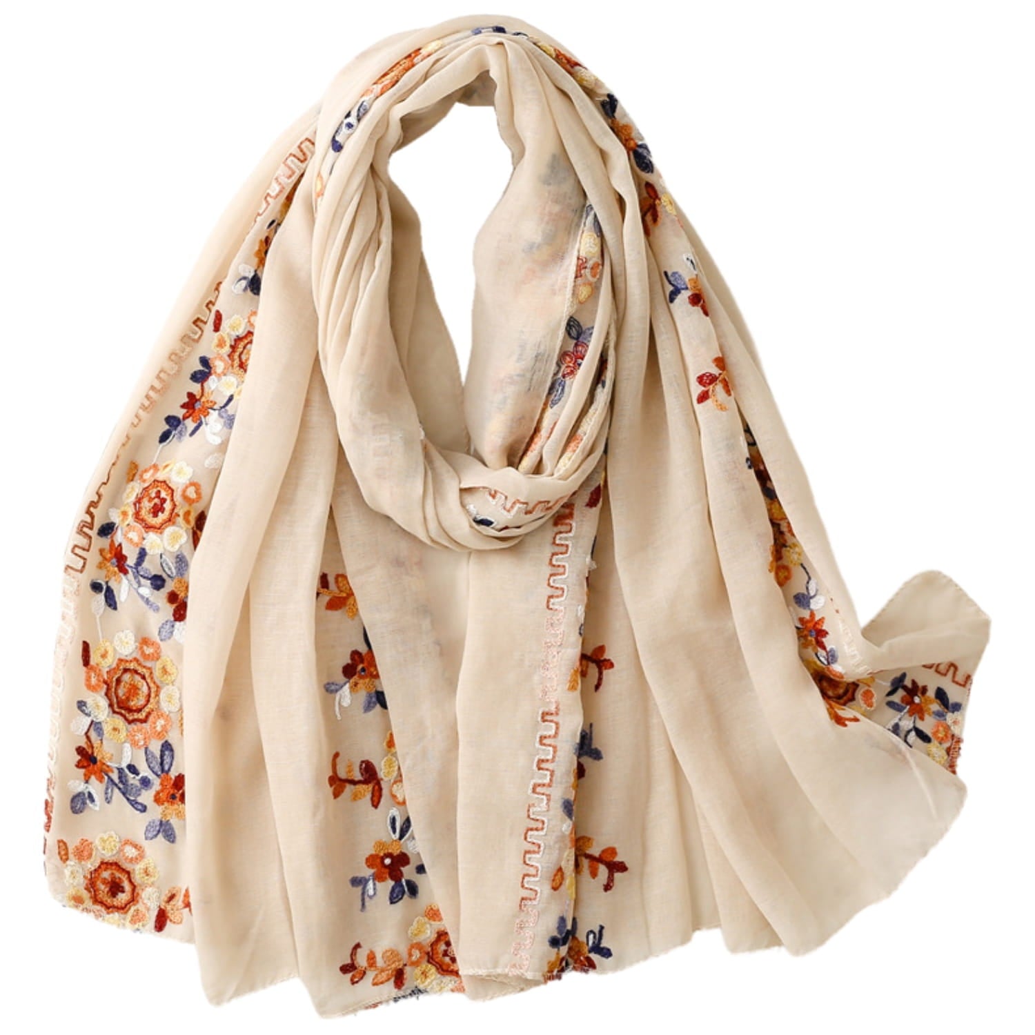 Bok szala z haftem kwiatowym, ukazujący miękkość tkaniny i wielosezonowe zastosowanie w stylizacji | KAMEA | Spironik.pl