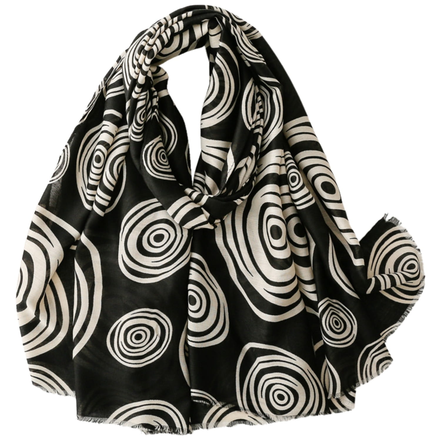 Bok czarno-kremowego szala z geometrycznym printem, wykonany z mieszanki bawełny i wiskozy | KAMEA | Spironik.pl