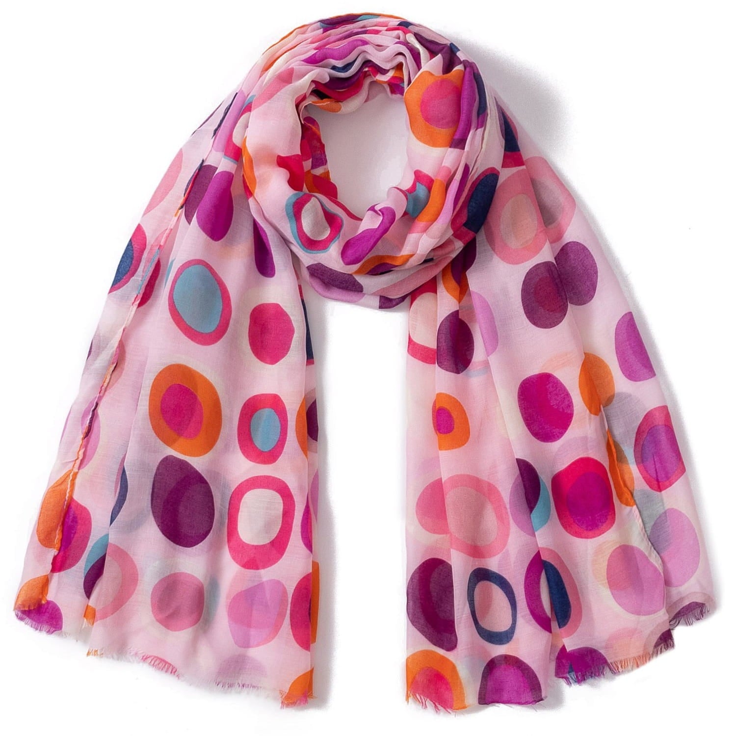 Szal o wymiarach 180x90 cm, w kolorach różowym, fuksjowym, pomarańczowym i błękitnym, w użyciu na letniej sukience | KAMEA | Spironik.pl