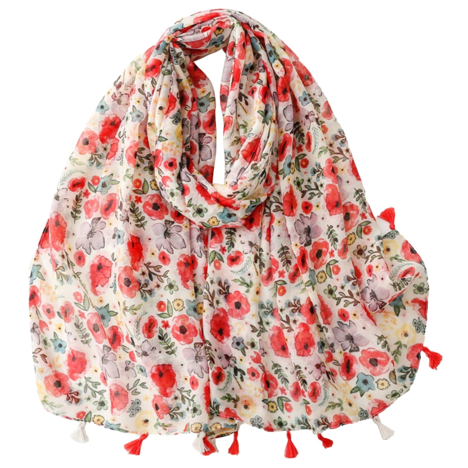 Szal w stylu boho z frędzlami, wykonany z 50% bawełny i 50% wiskozy, w jasnym czerwonym kolorze | KAMEA | Spironik.pl