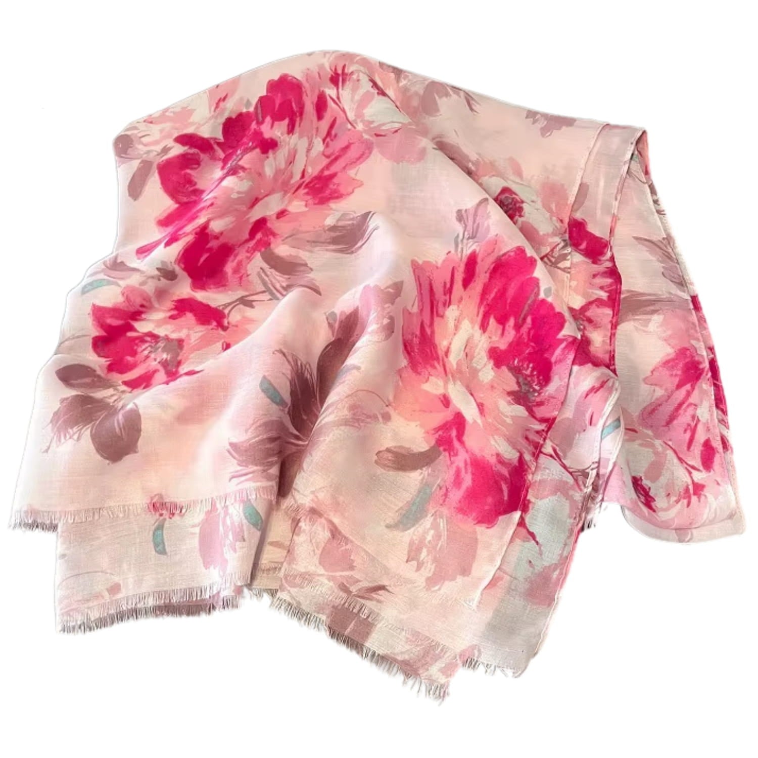 Bok różowego szala o wymiarach 180x90 cm, ukazujący subtelne połączenie kolorów i wzorów | KAMEA | Spironik.pl