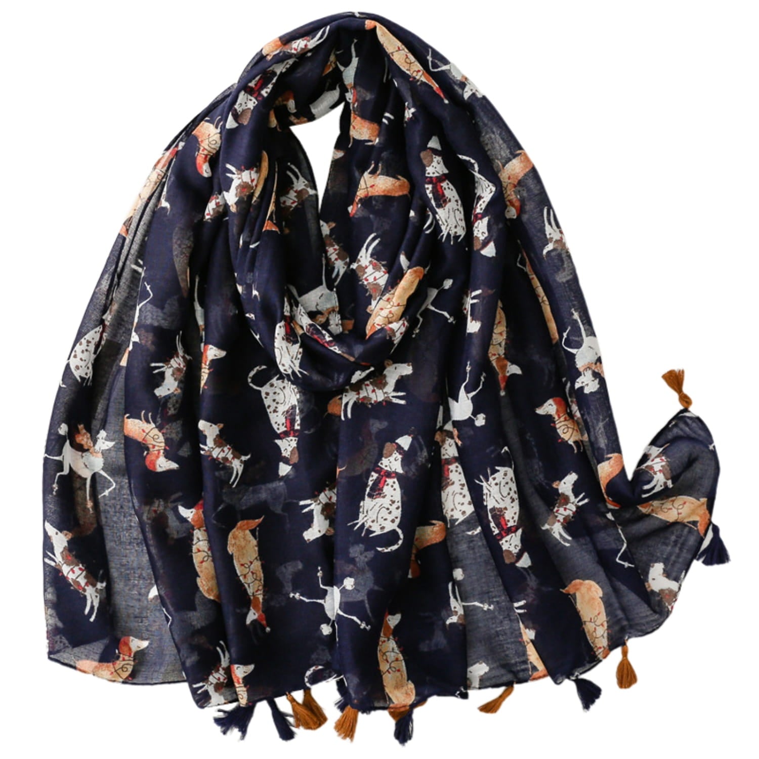 Bok szala z widocznym nadrukiem różnych ras psów na granatowym tle | KAMEA | Spironik.pl