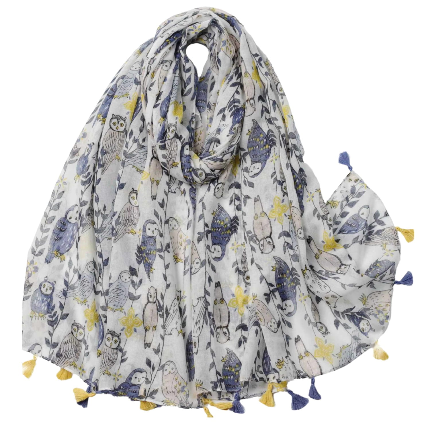 Bok szala z nadrukiem w granacie, żółci i beżu, prezentujący harmonijną kompozycję kolorów | KAMEA | Spironik.pl