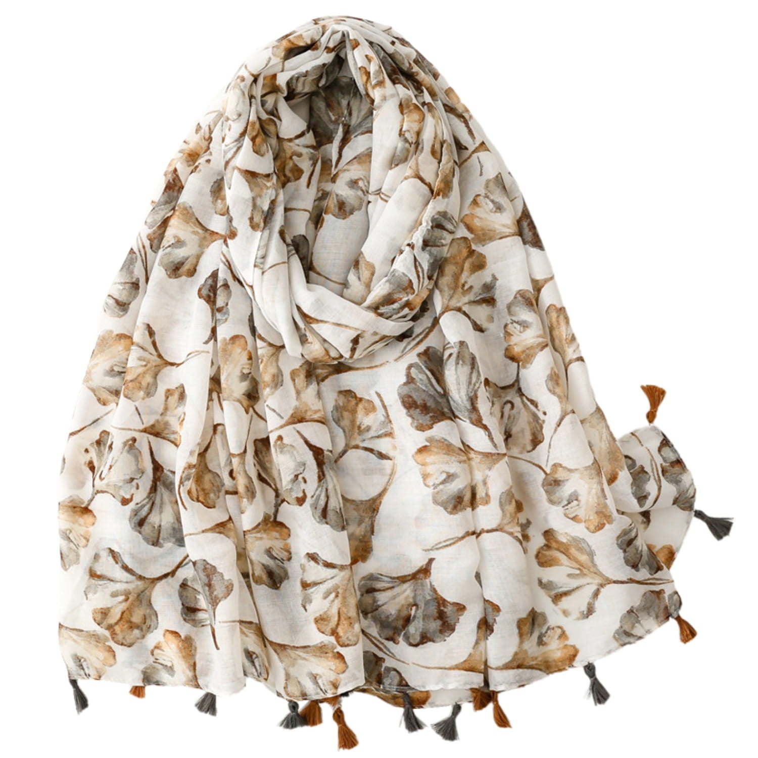 Beżowy szal z liśćmi, wykonany z 50% bawełny i 50% wiskozy, wyprodukowany w Polsce | KAMEA | Spironik.pl