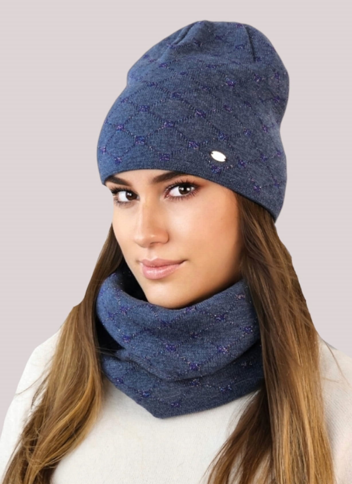 Komplet (Czapka + Komin), Model: Diamond-Komplet, Kolor: granatowy, Skład materiału: 50% Bawełna; 40% Akryl; 10% Poliamid, Przeznaczenie: Jesień/Zima, Wymiary(długość/szerokość): 27cm/37cm