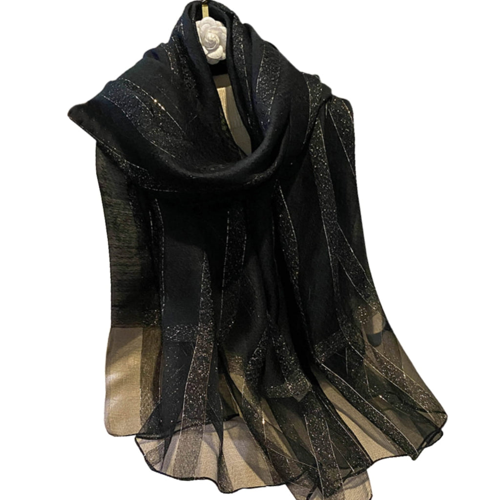 Szalik Damski, Model: RS002-6//T22//1, Kolor: czarny, Skład materiału: 60% Wełna; 40% Jedwab morwowy, Przeznaczenie: Wielosezonowe, Wymiary(długość/szerokość): 190cm/70cm (Szalik Damski, zdjęcie 5)