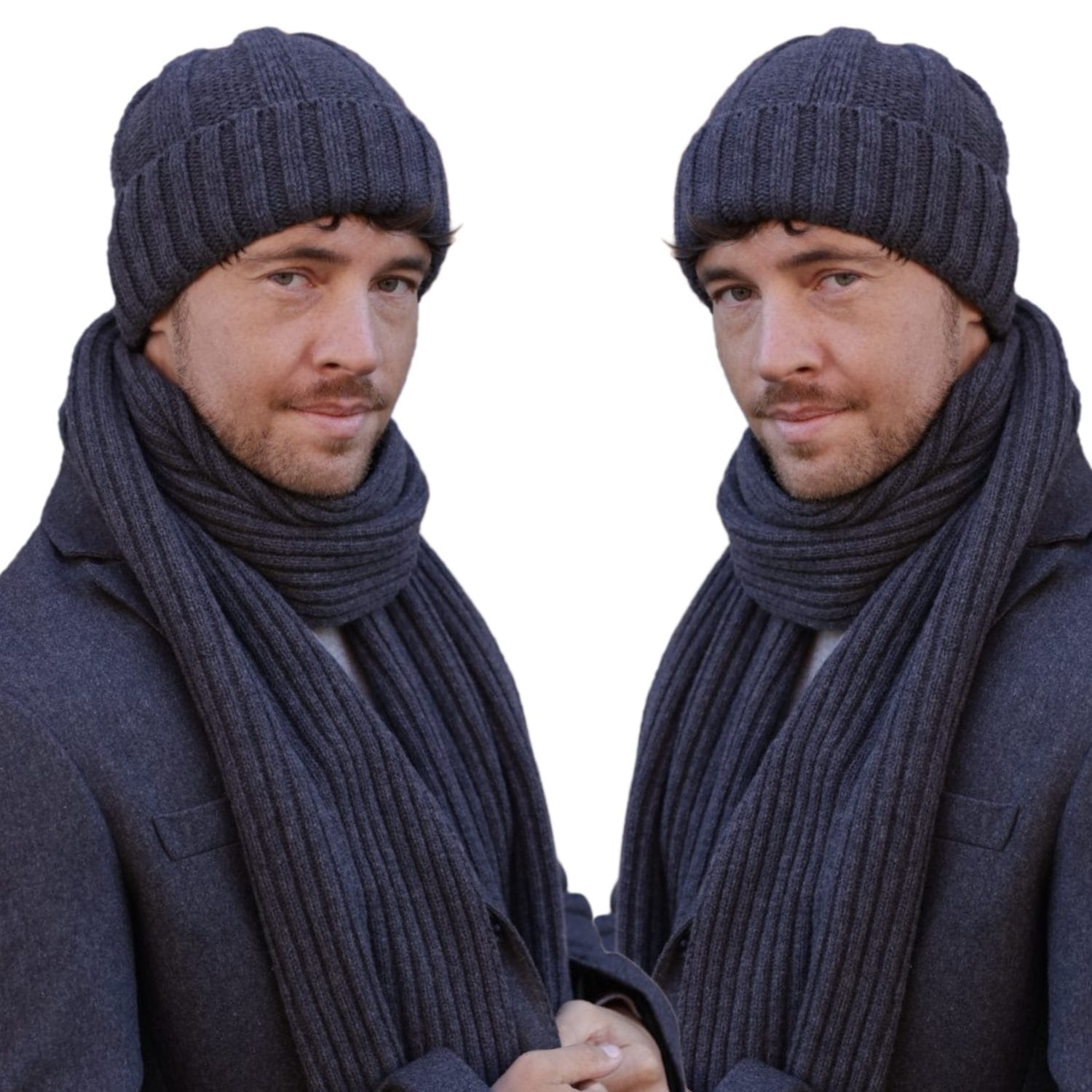 Mężczyzna noszący grafitowy komplet KAMEA BEN, czapka i szalik w minimalistycznym stylu | Spironik.pl