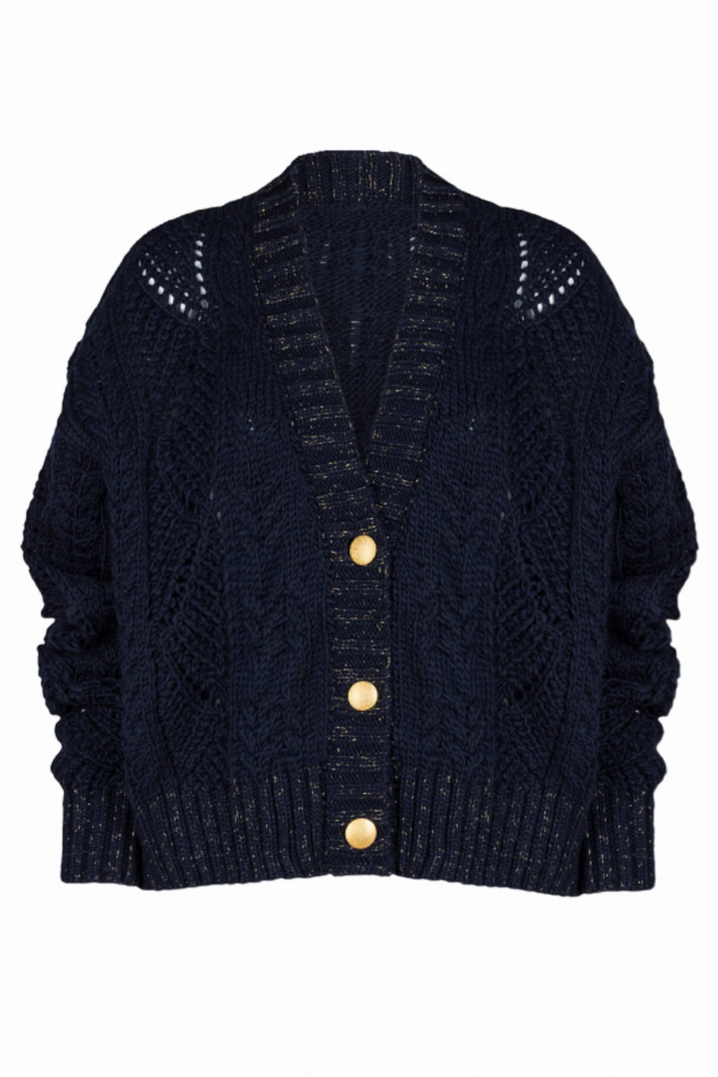 Kardigan Damski, Model: Karmen, Kolor: granatowy, Skład materiału: 58% Akryl; 30% Wełna; 10% Alpaka; 2% Lurex, Przeznaczenie: Wielosezonowe