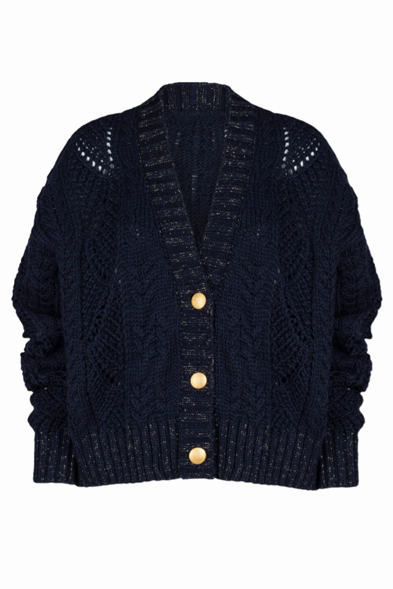 Kardigan Damski, Model: Karmen, Kolor: granatowy, Skład materiału: 58% Akryl; 30% Wełna; 10% Alpaka; 2% Lurex, Przeznaczenie: Wielosezonowe