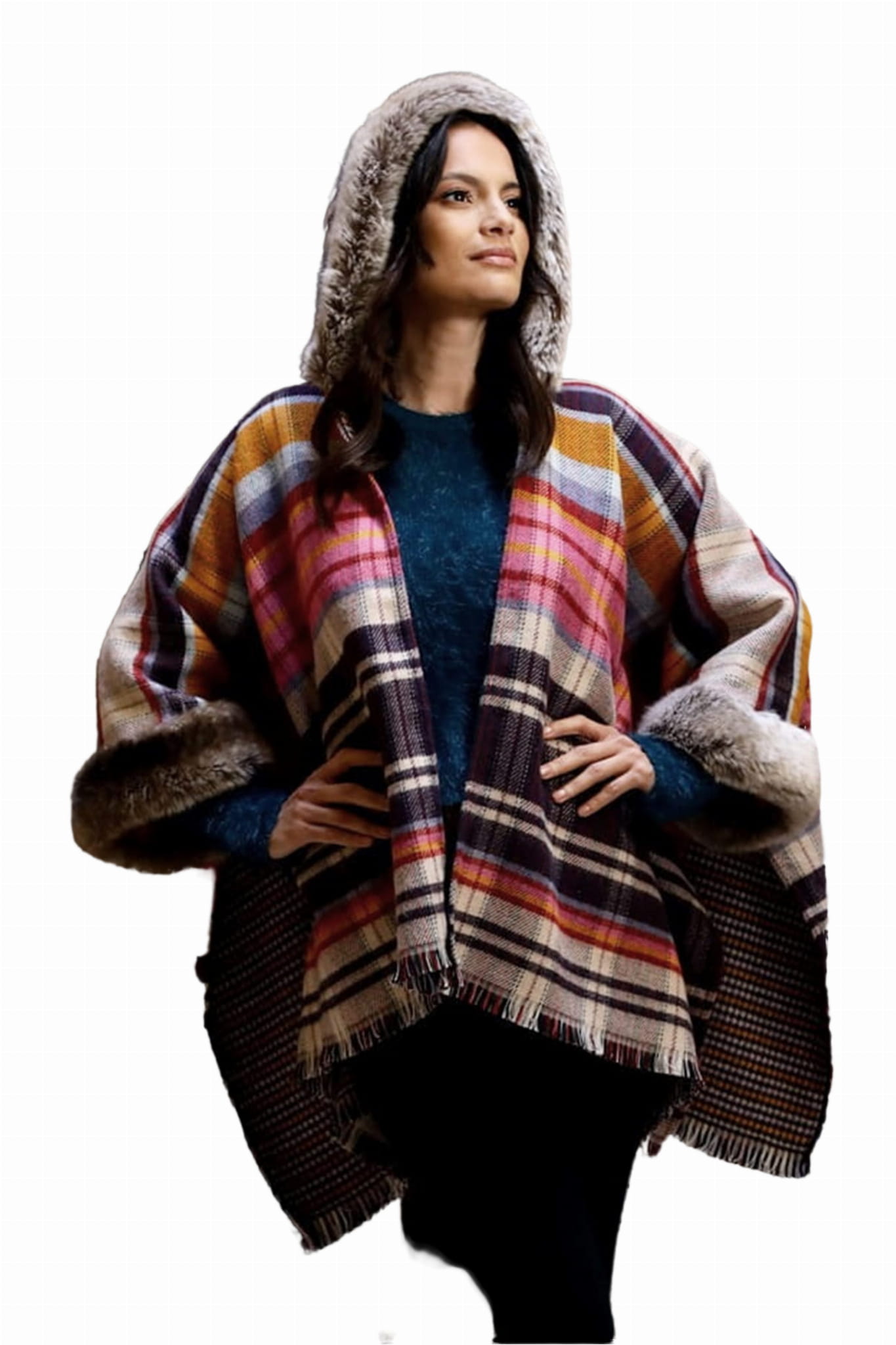 Ponczo, Model: Ponczo Kaptur-Futro JACKET SOFT, Kolor: mix kolorowy, Skład materiału: 85% Poliakryl; 15% Wełna, Przeznaczenie: Jesień/Zima (Ponczo, zdjęcie 4)