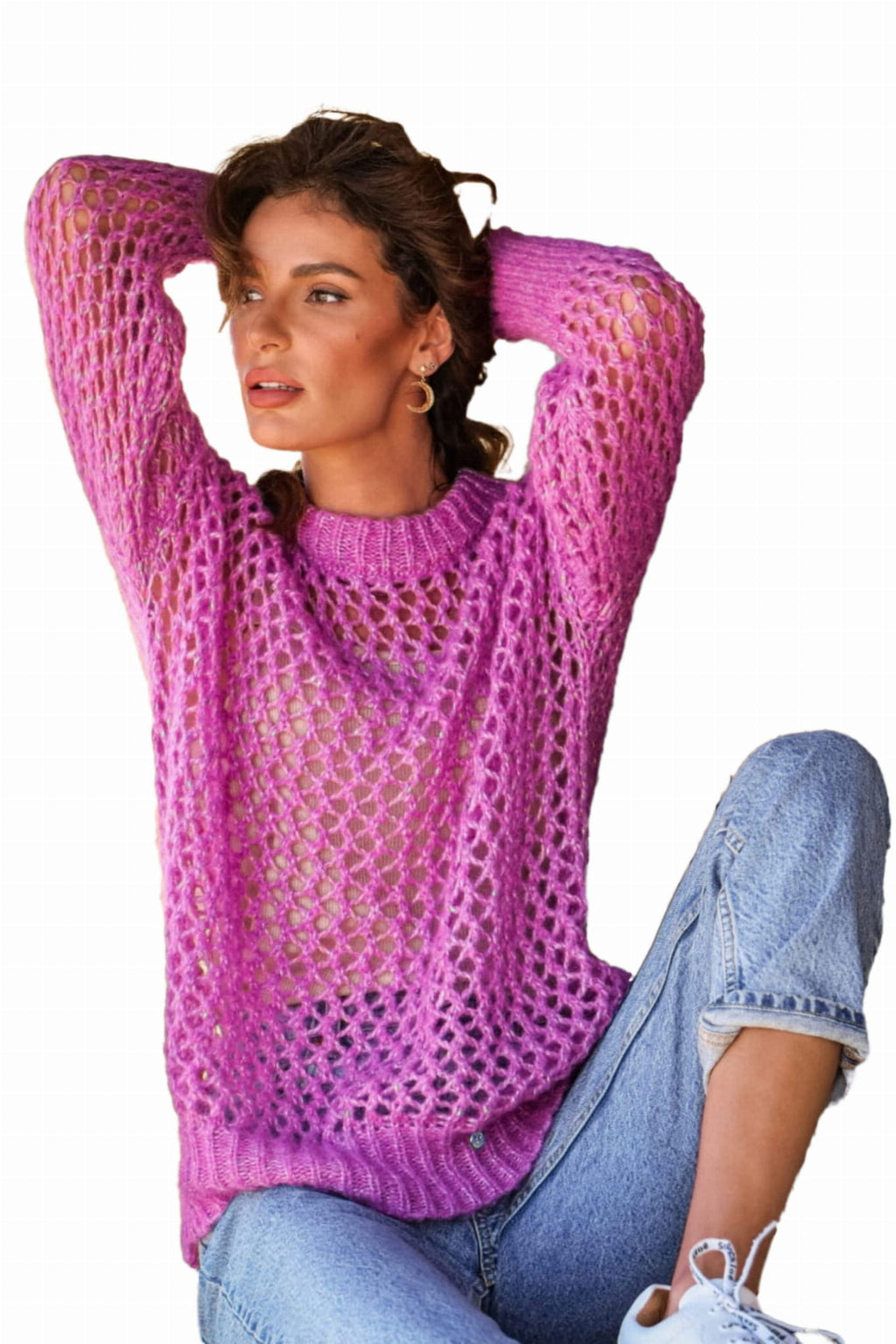 Sweter Damski, Model: Malika-Sweter, Kolor: różowy, Skład materiału: 32% Poliamid; 19% Poliester; 19% Merynos Wełna; 15% Wiskoza; 15% Kid Moher, Przeznaczenie: Wielosezonowe (Sweter Damski, zdjęcie 3)