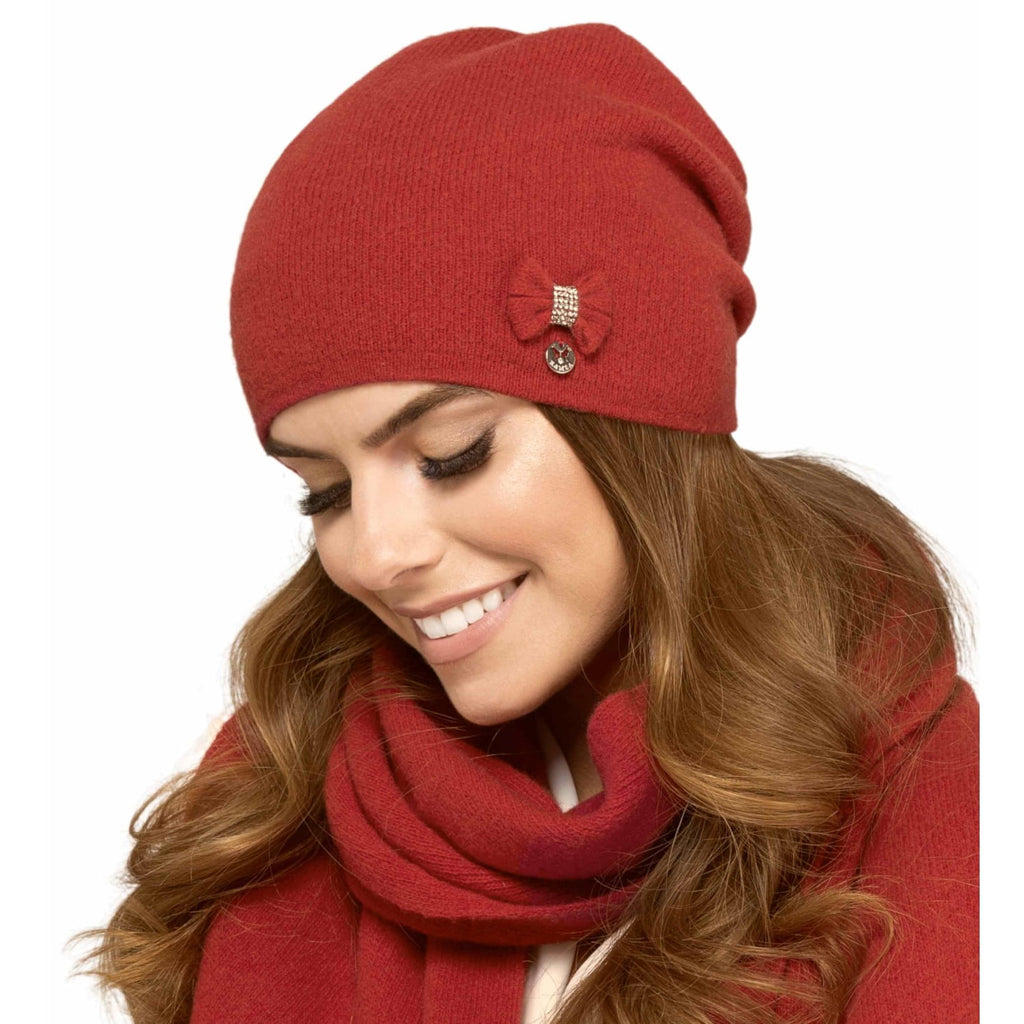 Stylowa czapka FLORYDA w odcieniu rudym, idealna na jesień i zimę, z elegancką kokardką | manufacture | Spironik.pl
