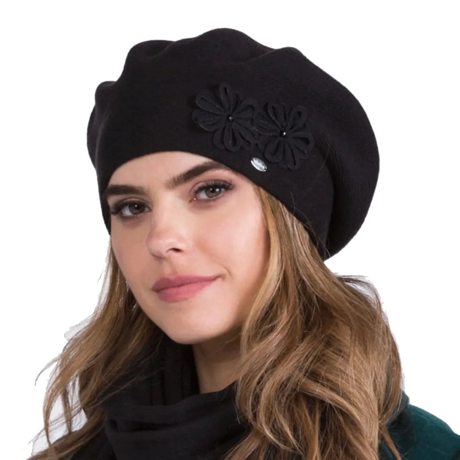 Juna beret damski  jesienny ze zdobnymi kwiatkami kolor czarny