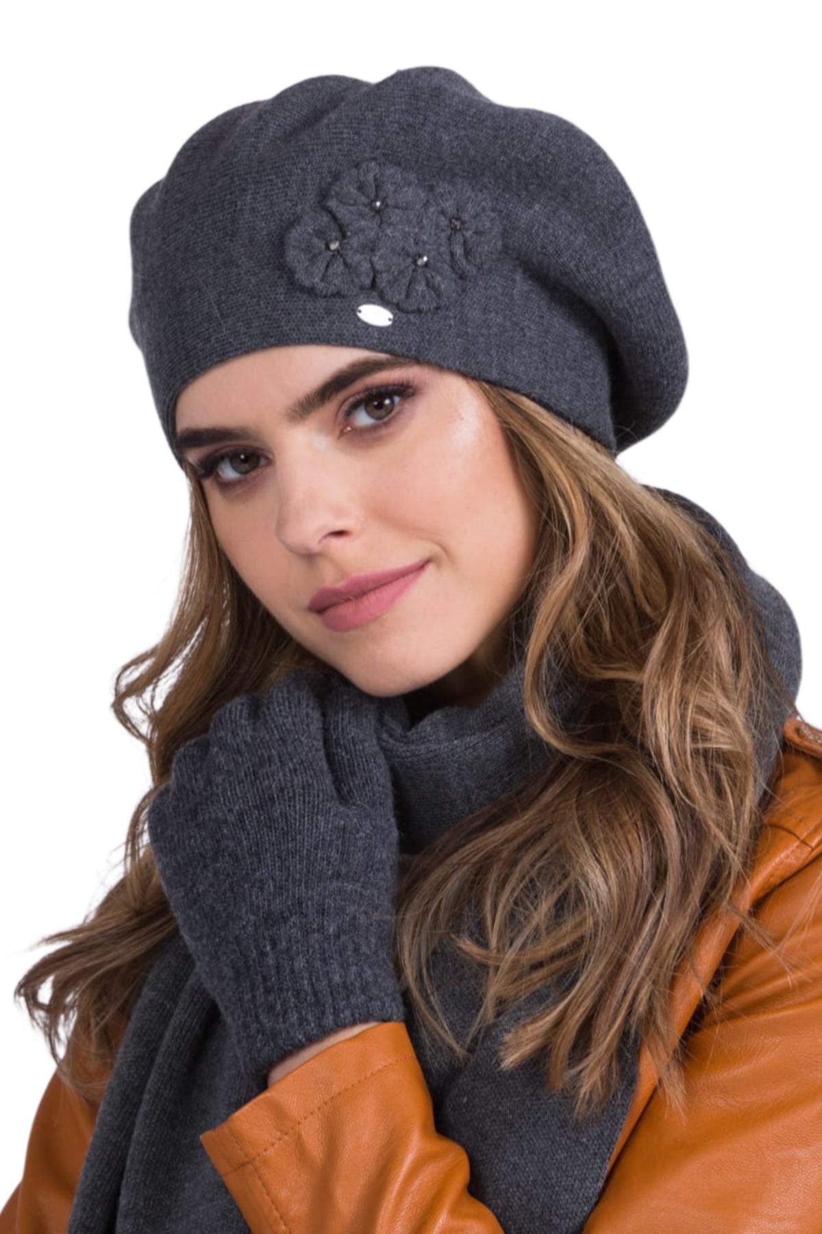 Chanti beret damski Kamea zimowy, z wełną, rozmiar uniwersalny 54-62 cm, kolor grafitowy