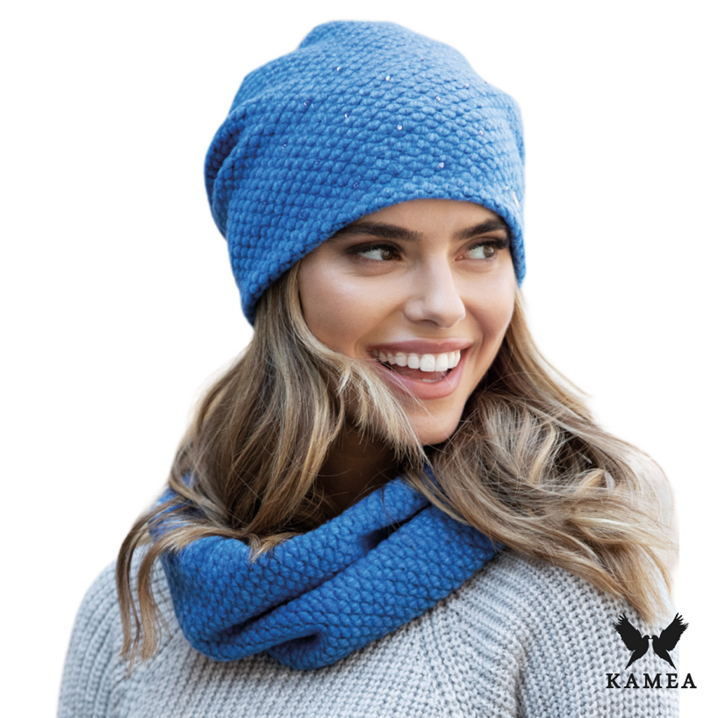 Musca czapka damska Kamea zimowa, z polarową podszewką, 100% bawełny, rozmiar uniwersalny 54-60 cm, kolor Niebieski