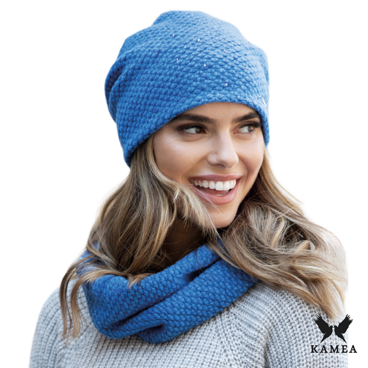 Musca czapka damska Kamea zimowa, z polarową podszewką, 100% bawełny, rozmiar uniwersalny 54-60 cm, kolor Niebieski