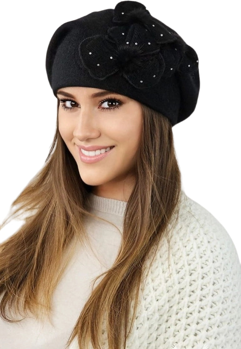 Cindy beret damski Kamea zimowy, z norką, kwiatowy motyw, z angorą, rozmiar uniwersalny 54-60 cm, kolor czarny