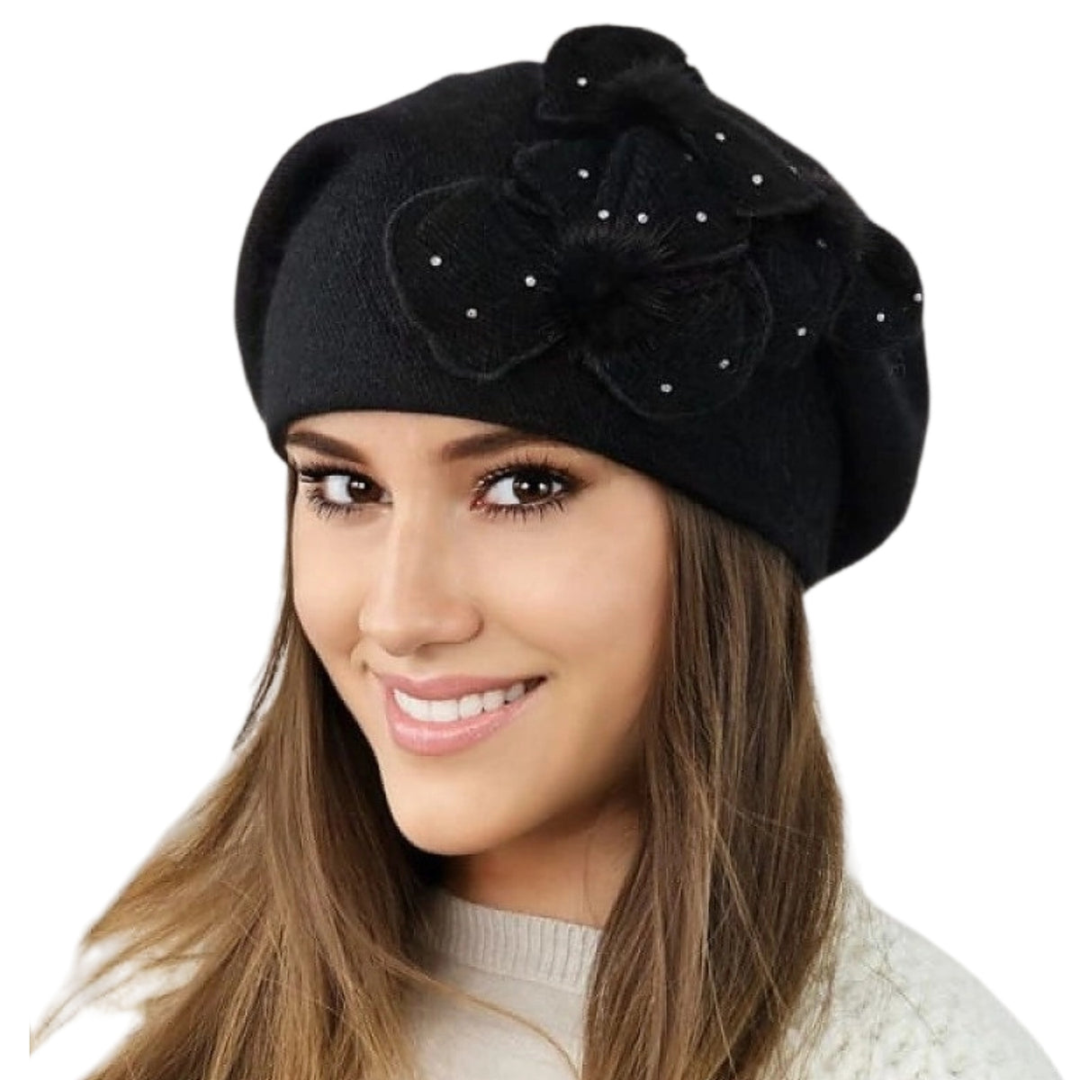 Cindy beret damski Kamea zimowy, z norką, kwiatowy motyw, z angorą, rozmiar uniwersalny 54-60 cm, kolor czarny