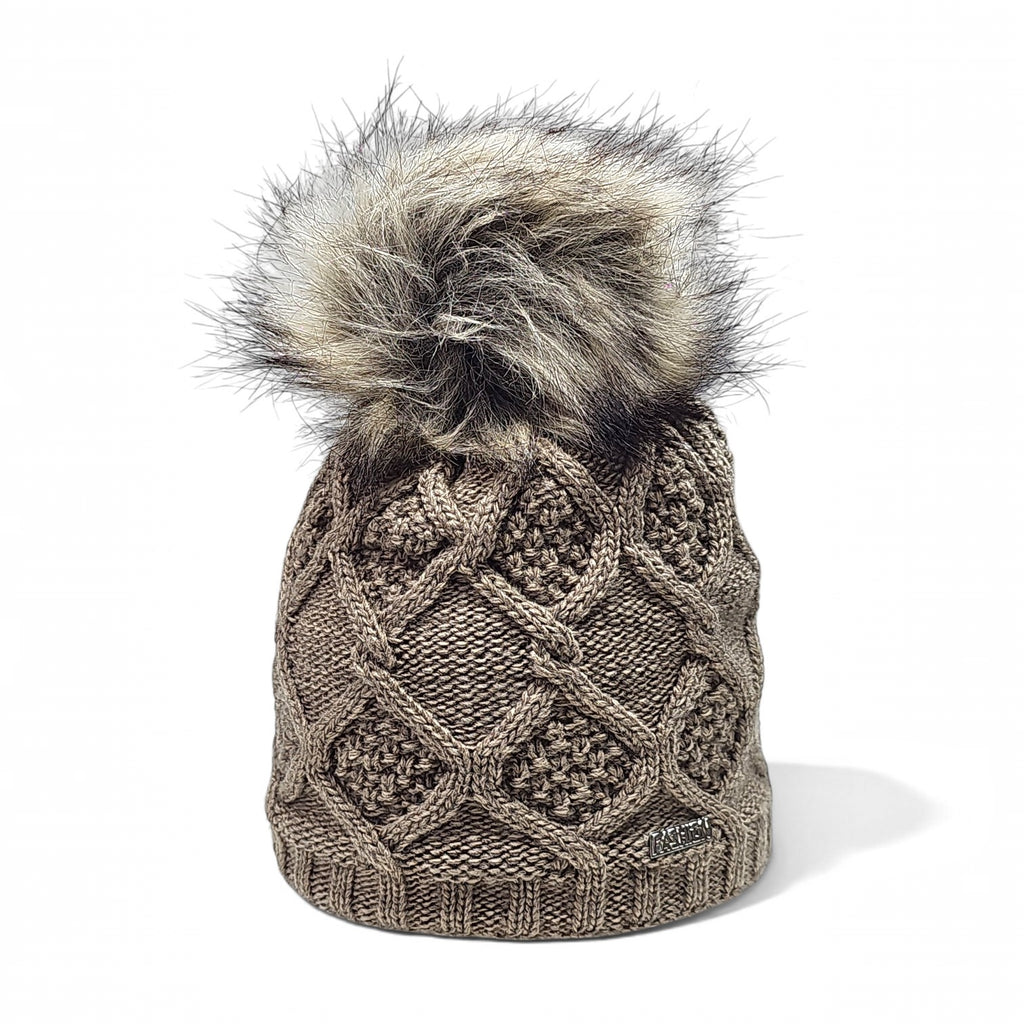 Aran - czapka damska z pomponem, ciemnobeżowa