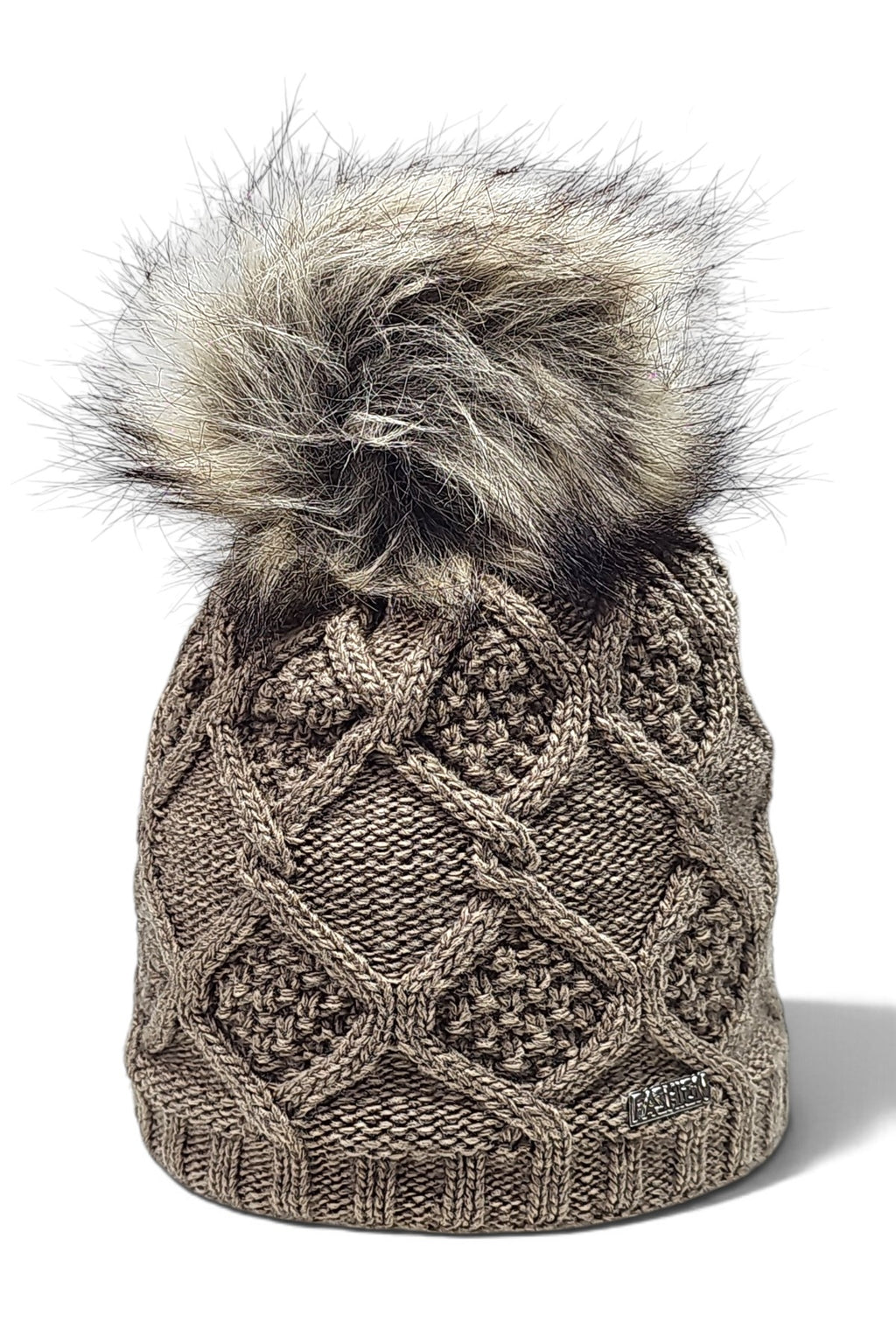 Aran - czapka damska z pomponem, ciemnobeżowa