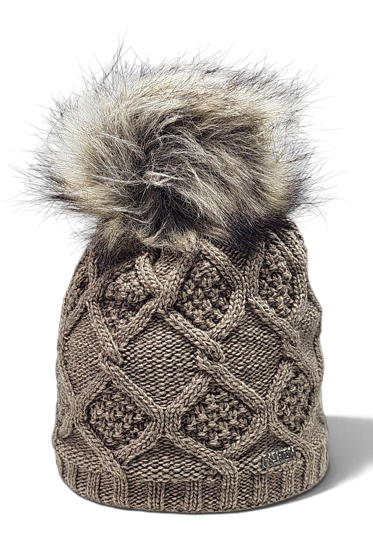 Aran - czapka damska z pomponem, ciemnobeżowa