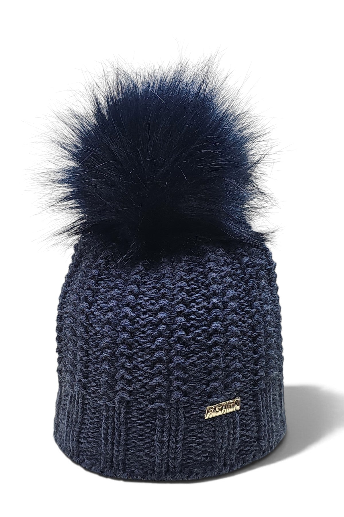 Warkocz - czapka damska z pomponem, jeansowa