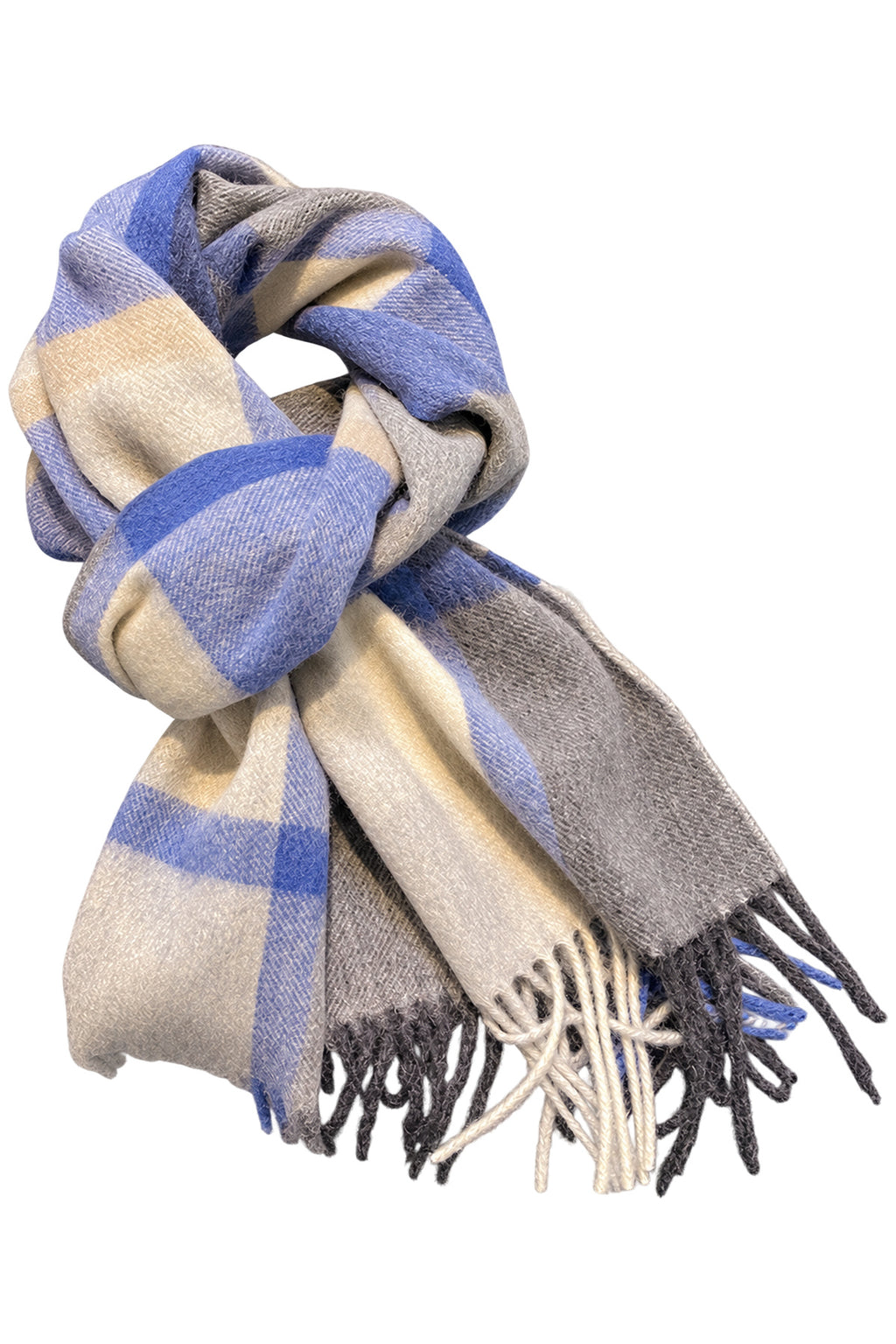SORELIA - szalik damski w kratę 100% wełny z frędzlami, niebiesko-szary KAMEA