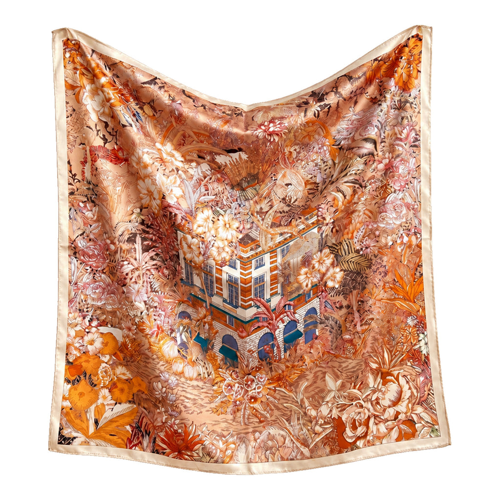 PALAZZO - duża jedwabna apaszka beżowo-karmelowa w botaniczny wzór 90 × 90 cm KAMEA