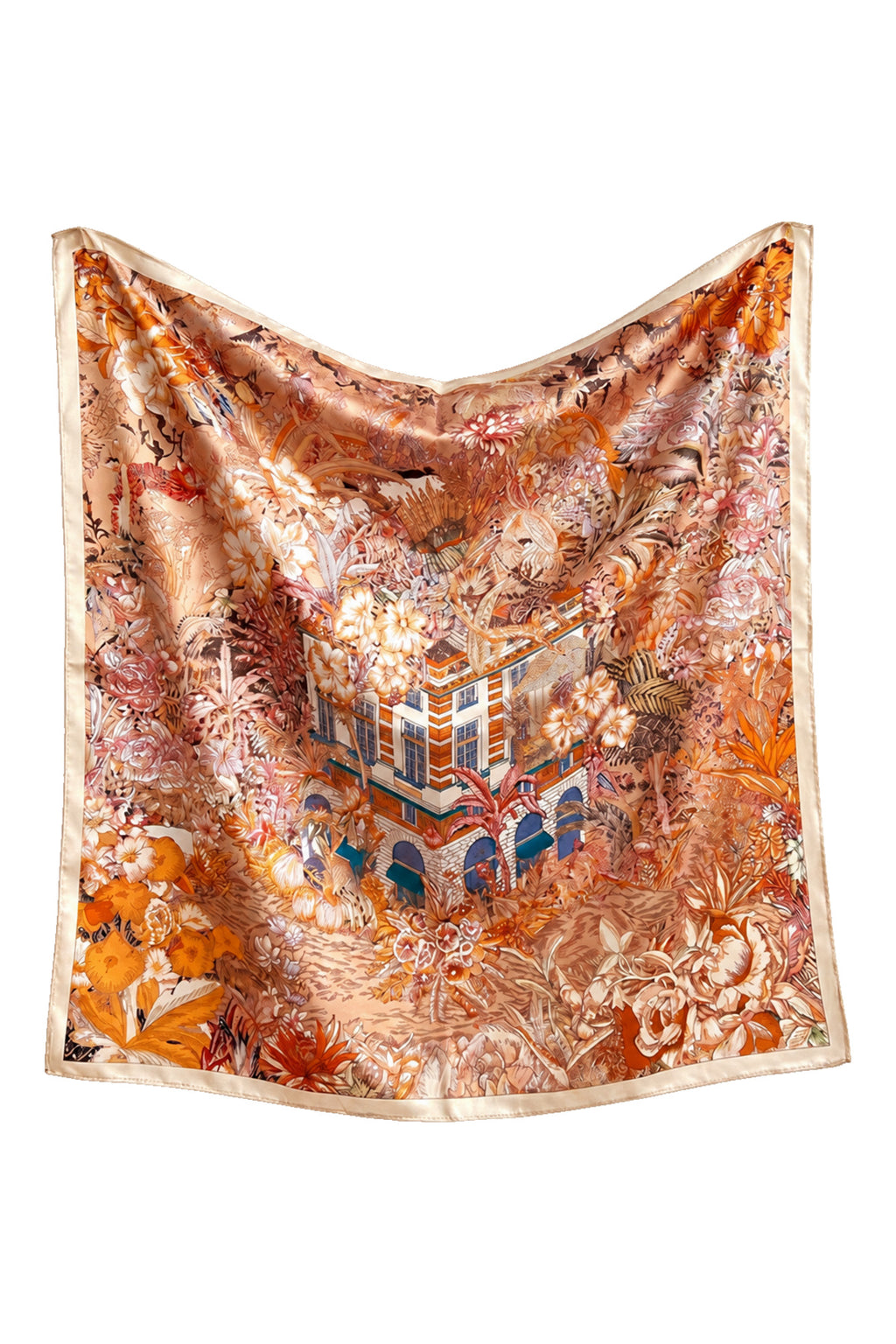 PALAZZO - duża jedwabna apaszka beżowo-karmelowa w botaniczny wzór 90 × 90 cm KAMEA