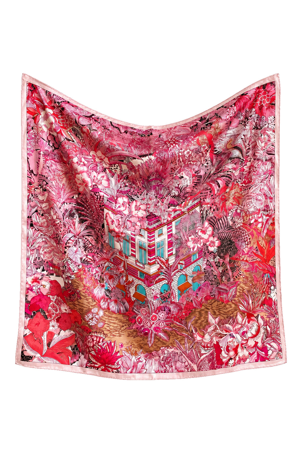 PALAZZO - duża jedwabna apaszka różowo-malinowa w botaniczny wzór 90 × 90 cm KAMEA